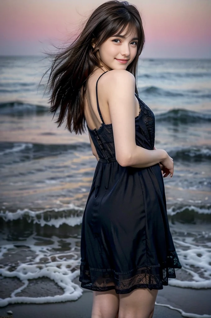 beautiful girl、best image quality、realistic、16k、Beautiful woman、long hair、heavy bangs、slim、black lace dress、At the seaside at night、whole body、panorama、Pull up your hair with your right hand、thin legs、full moon sky、Bathed in strong moonlight、Hair tousled by the wind、smile、Taken from a distance