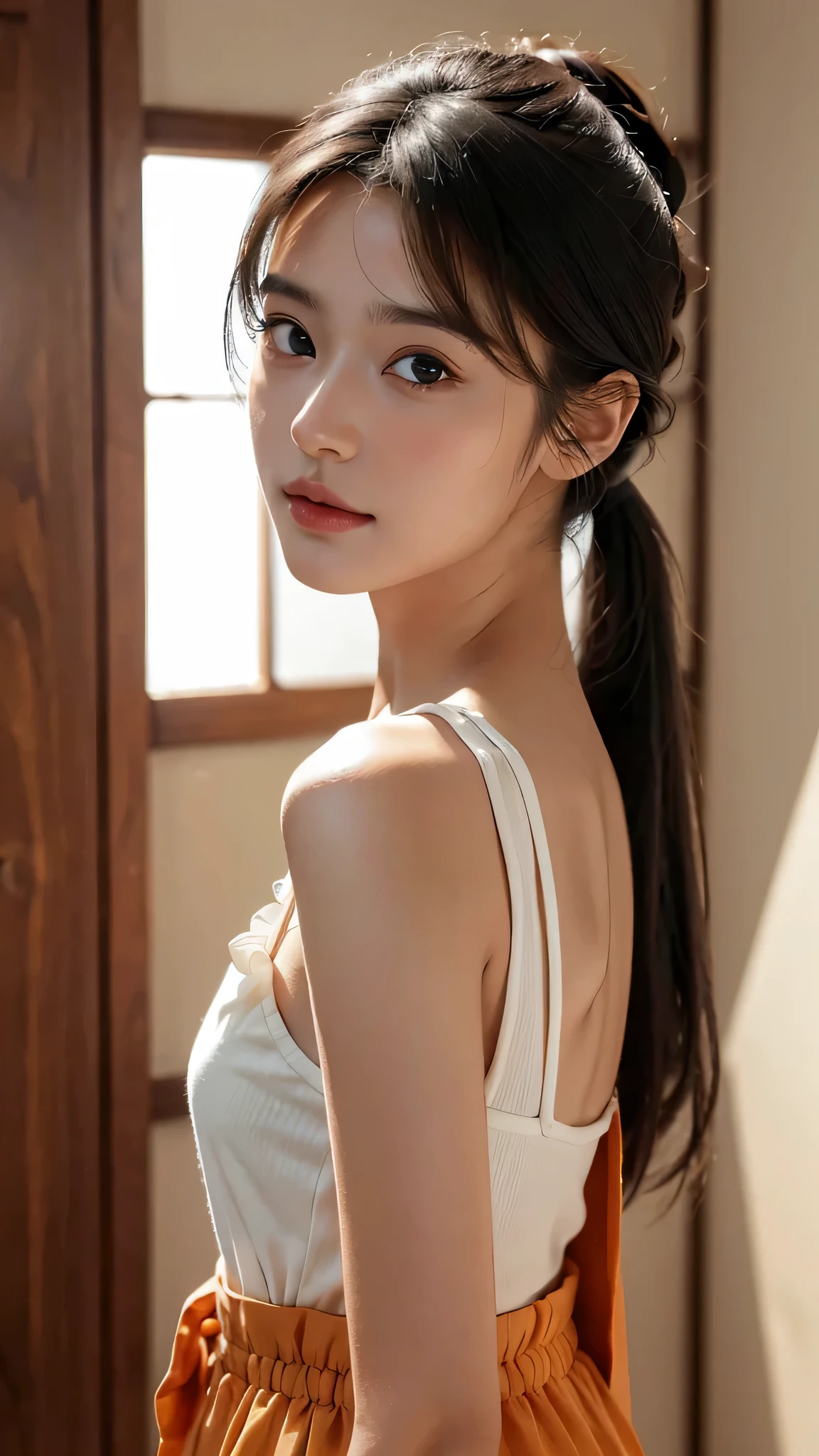 a woman, has a flat nose, shining eyes, thick black hair tied in a ponytail, tall body, no clothes