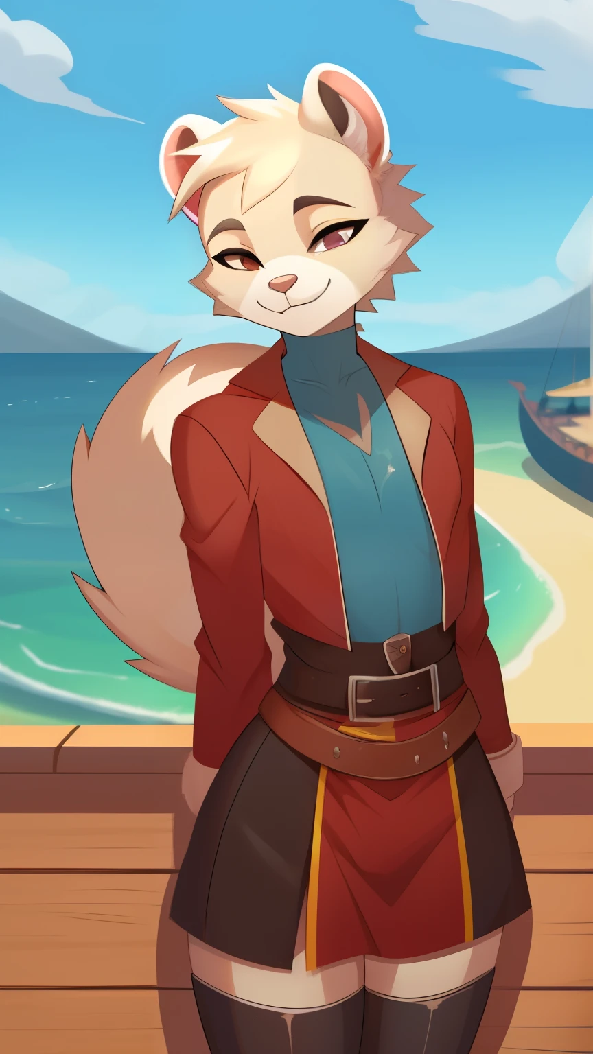 Best quality, Super detailed illustration, (furry ferret boy:1.4) , feminine face and body, disheveled thick hair, pirate clothes, smug smile, half-closed eyes , against the background of the harbor ,femboy ,small waist, wide hips, slim, perfect body, style &quot;DND&quot;