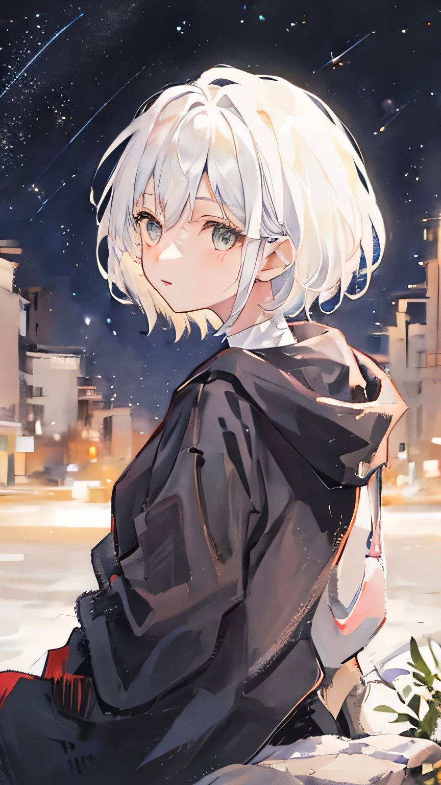 girl，white hair，short hair，white eyes，Look back at me，Only the upper body is visible，starry sky background，Sit on the hill