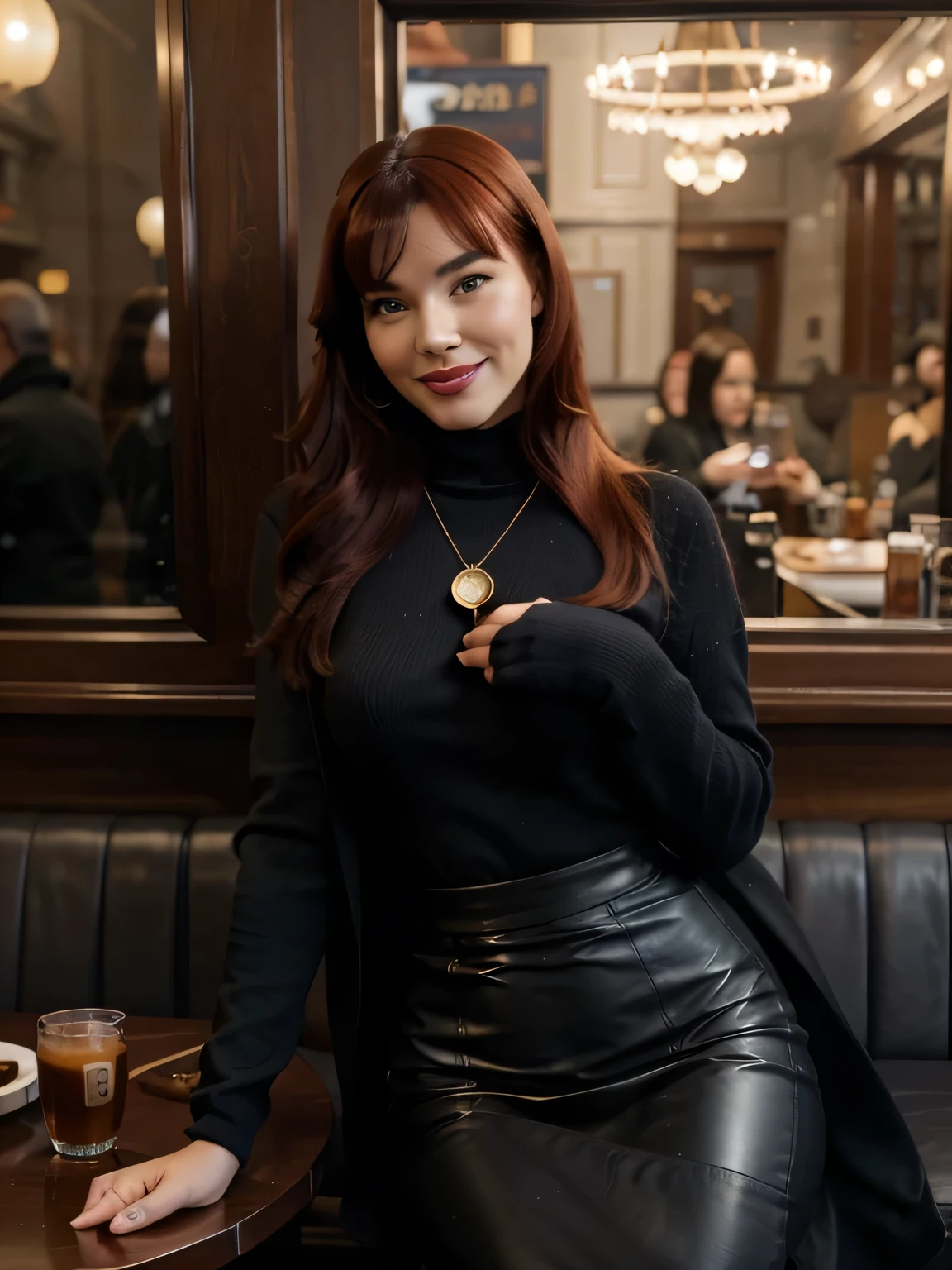 A beautiful smiling Bettie page with red hair in a dark blue long loose coat black gloves in a black turtleneck with a gold small round pendant in a leather brown pencil skirt with a side slit sits in a cafe on the street on Nevsky Prospekt with a computer and a burgundy bag and drinks coffee, photo captured in stunning Ultra HD, 8k resolution, Nikon D850,  