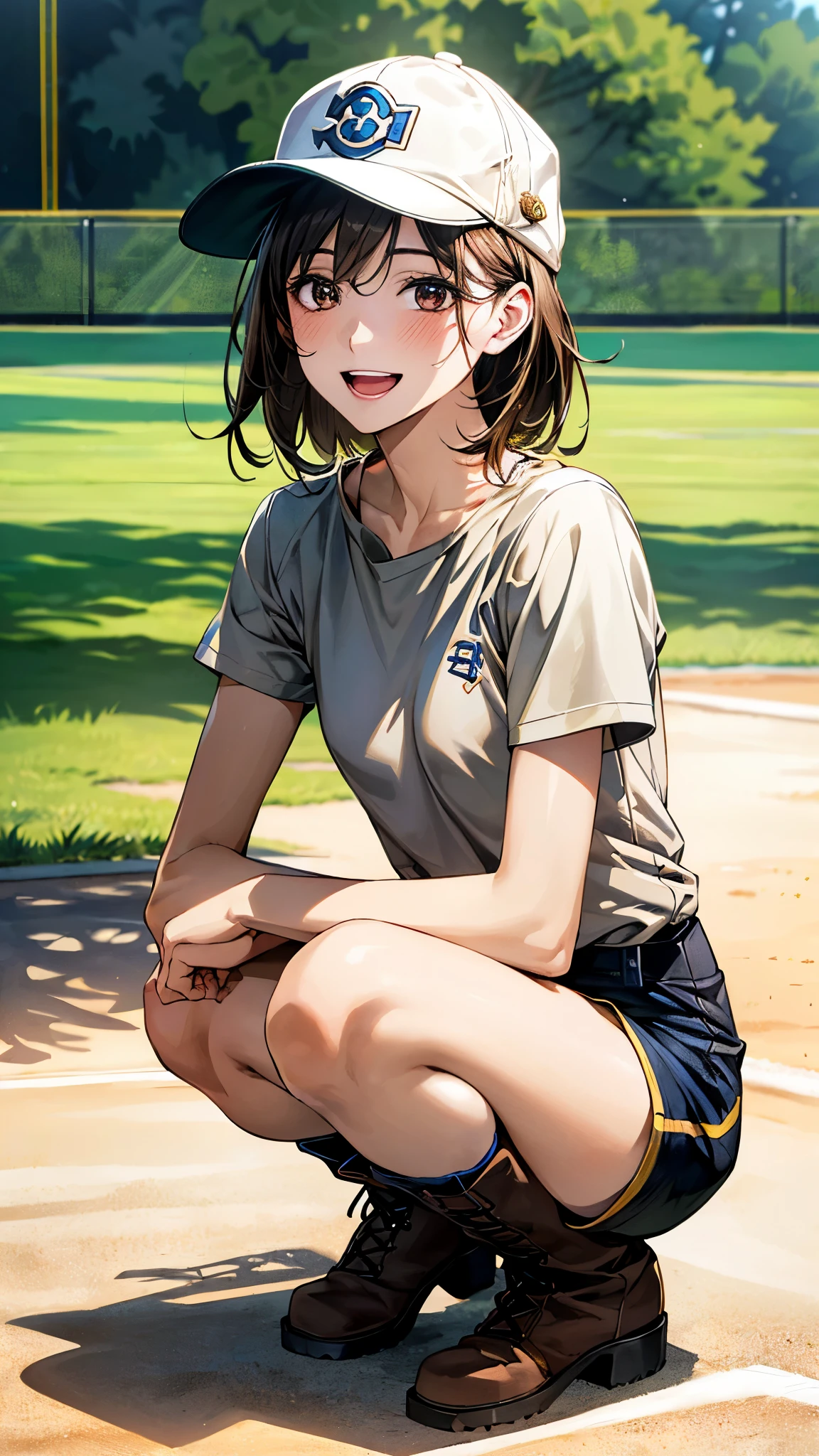 (masterpiece:1.3, top-quality, ultra high res, ultra detailed), (realistic, photorealistic:1.4), beautiful illustration, perfect lighting, natural lighting, colorful, depth of fields, surrealism, nsfw,
beautiful detailed hair, beautiful detailed face, beautiful detailed eyes, beautiful clavicle, beautiful body, beautiful chest, beautiful thigh, beautiful legs, beautiful fingers,
looking at viewer, cowboy shot, 1 girl, japanese, , perfect face, (perfect anatomy, anatomically correct), cute symmetrical face, shiny skin,
(short hair, brown hair), hair between eyes, brown eyes, long eyelash, (medium breasts),
((plain t-shirt one piece:1.6, middle boots, shorts, plain baseball cap:1.4)),
(beautiful scenery), evening, (outdoors), squatting, (lovely smile, upper eyes, open mouth small),