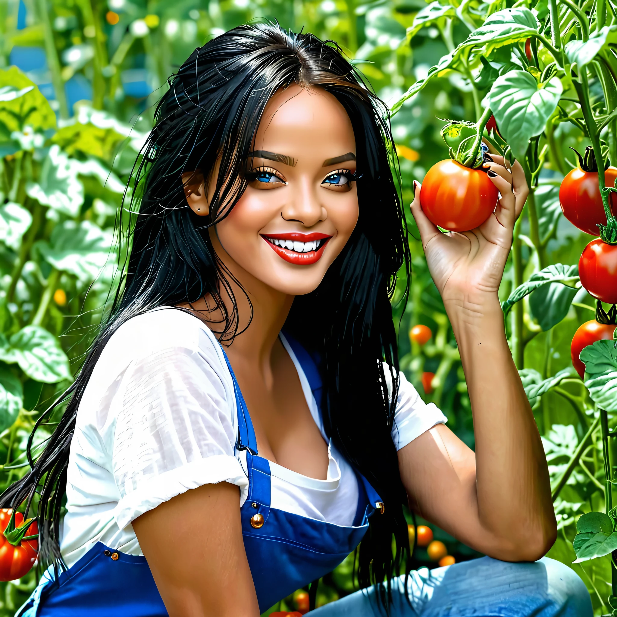(best quality)), ((masterpiece)), (detailed), one girl, perfect face, female with long black color hair, Straightened and flat long hair, perfect body, big , blue color eyes, big eyes, strong makeup, Full lips, big smile, OPEN mouth, perfect teeth, strong hips, whole body, She weeds the garden with seedlings of peppers, tomatoes, and cucumbers. holding a hoe in her hands, 11 AM, daylight, sunlight , tight pants, tight shirt, rihanna, Angelina Jolie, Monica belluci