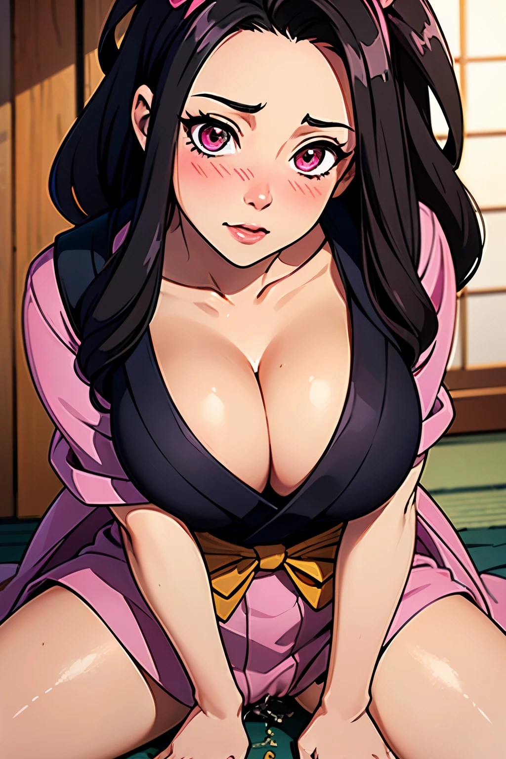 (((masterpiece))), Nezuko, (1girl, Ultra-realistic photo of  Nezuko Kamado, a very beautiful woman, bright pink eyes, (((blushed face))), long black hair and orange hair tips), (Japanese pink kimono), Nezuko, (ultra giant breasts, huge breasts that are about to explode, showing beautiful pointy breasts, huge breasts out of her clothes), (based on the Demon Slayer kimetsu no yaiba), clean and detailed anime art, professional art, perfect detail, Professional photos taken up close, (((hand on crotch, pussy juice, seductive pose))),