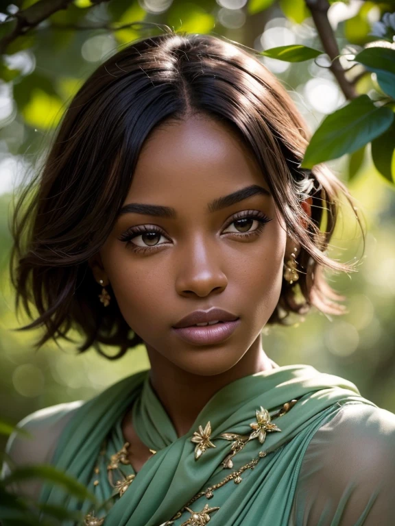 (high resolution, photorealistic) Une belle et réaliste fille noire nu , strong light on black skin, African-American fashion, des reflets forts, strongly relieved skin, detailed facial features, une texture de peau lisse, beautiful detailed eyes, beautiful lip details, longs cils, Expression confident and séduisante, posture tres hard, posant dans un jardin luxuriant, feuillage vert riche qui l'entoure, fleurs vibrantes en pleine floraison, delicate petals reflected by sunlight, atmosphère sereine et paisible, portraits, contrasting colors, tons chauds et froids, Soft and natural lighting, creating a captivating and fascinating work of art