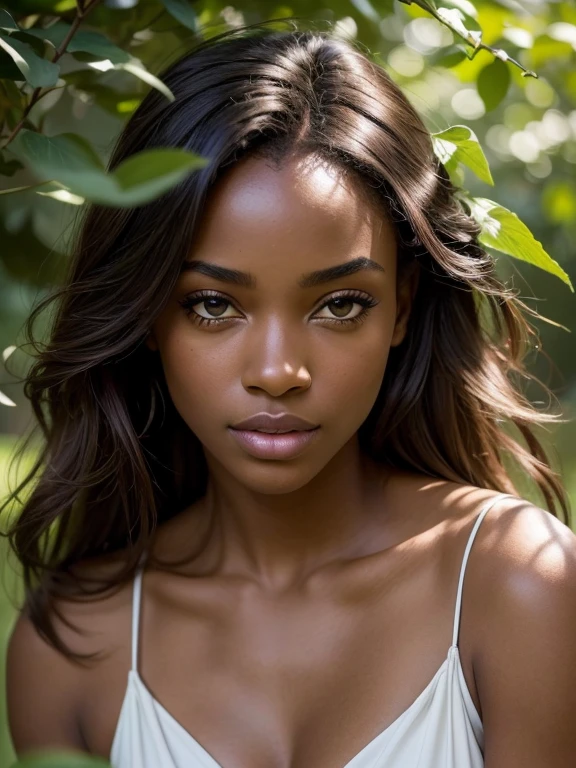 (high resolution, photorealistic) Une belle et réaliste fille noire nu , strong light on black skin, African-American fashion, des reflets forts, strongly relieved skin, detailed facial features, une texture de peau lisse, beautiful detailed eyes, beautiful lip details, longs cils, Expression confident and séduisante, posture tres hard, posant dans un jardin luxuriant, feuillage vert riche qui l'entoure, fleurs vibrantes en pleine floraison, delicate petals reflected by sunlight, atmosphère sereine et paisible, portraits, contrasting colors, tons chauds et froids, Soft and natural lighting, creating a captivating and fascinating work of art