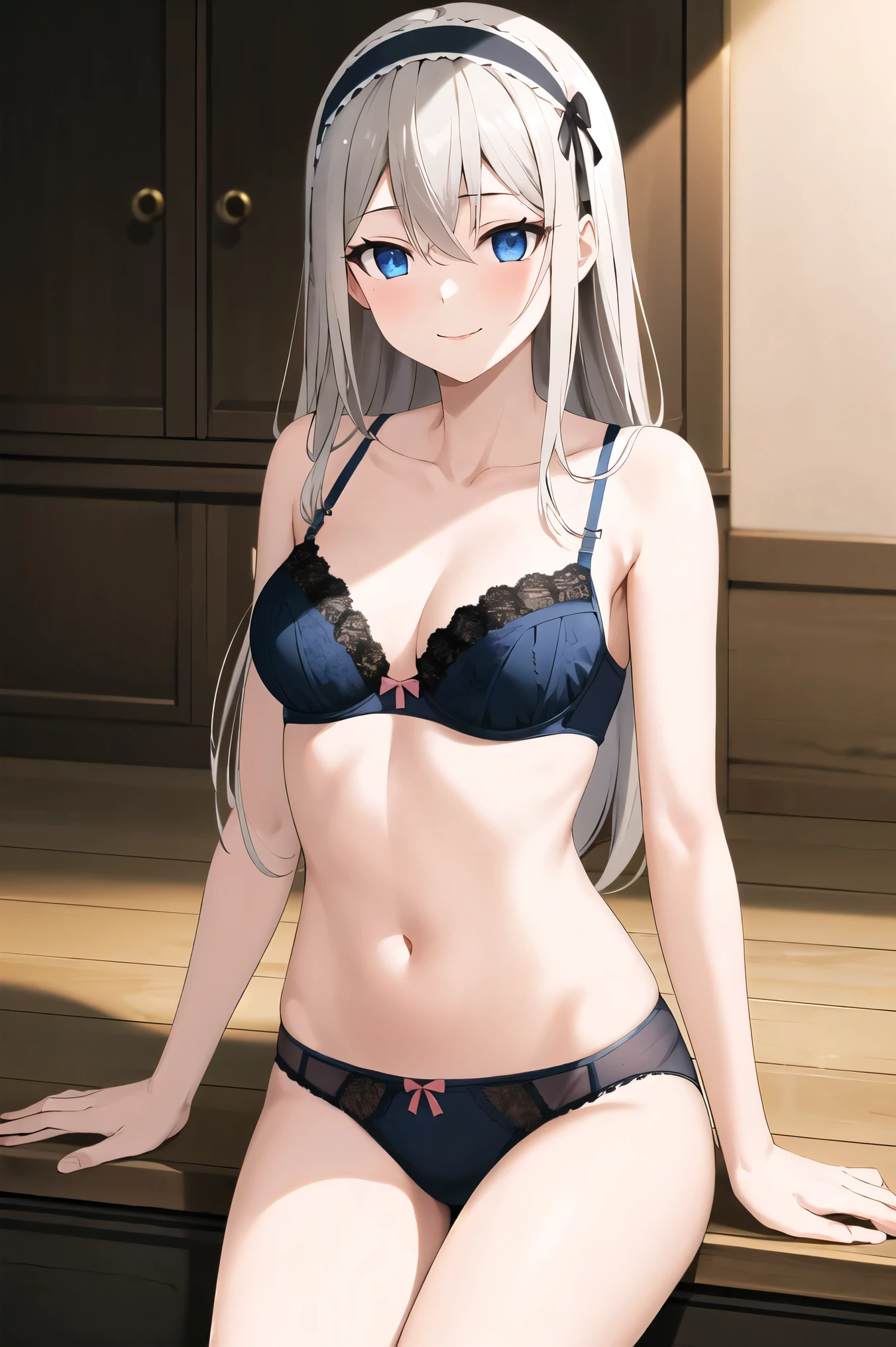 masterpiece, best quality, highres, kei1, 1girl, solo, blue eyes, long hair, black lingre, bra and panties, ribbon, bangs, collarbone, gray hair, black hair band, neck ribbon, hair between eyes, medium breasts, cowboy shot, smile, sitting, sexy pose