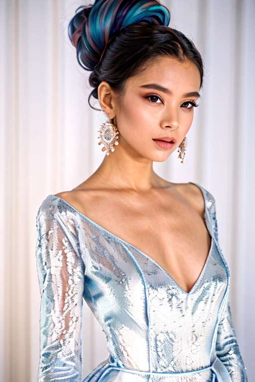une femme asiatique avec un chignon coloré dans une robe argentée, porte une robe scintillante, séance photo de mode haut de gamme, une beauté à couper le souffle, portant une magnifique robe, porte une robe argentée, longues boucles d'oreilles, porte une robe bleue 