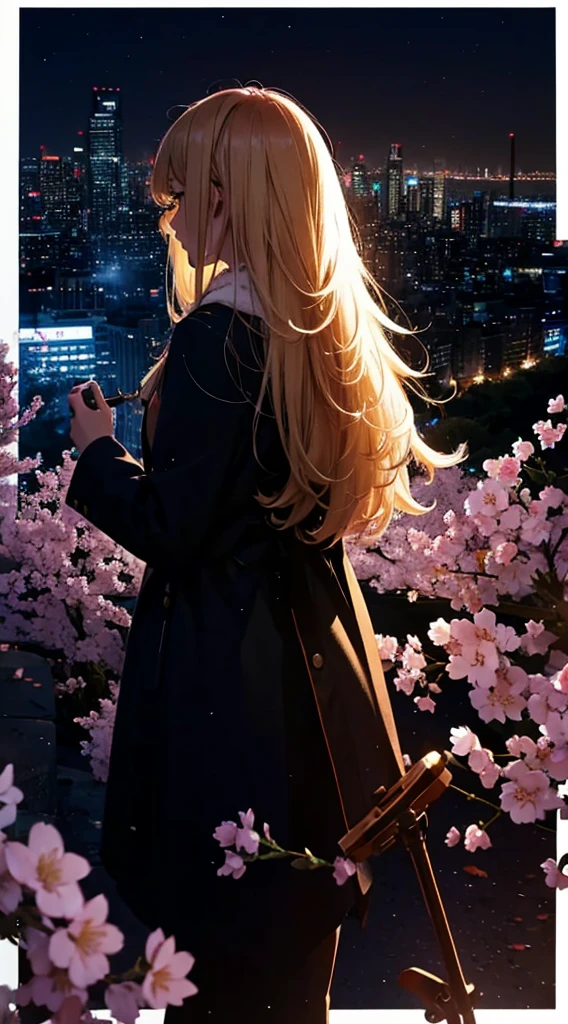 1people々々々々,blonde long hair,long coat,silhouette, Rear view,Playing the violin,space sky, milky way, anime style, cherry blossoms,夜cherry blossoms,辺り一面に舞うcherry blossoms吹雪,Night view of the city from the mountainside,