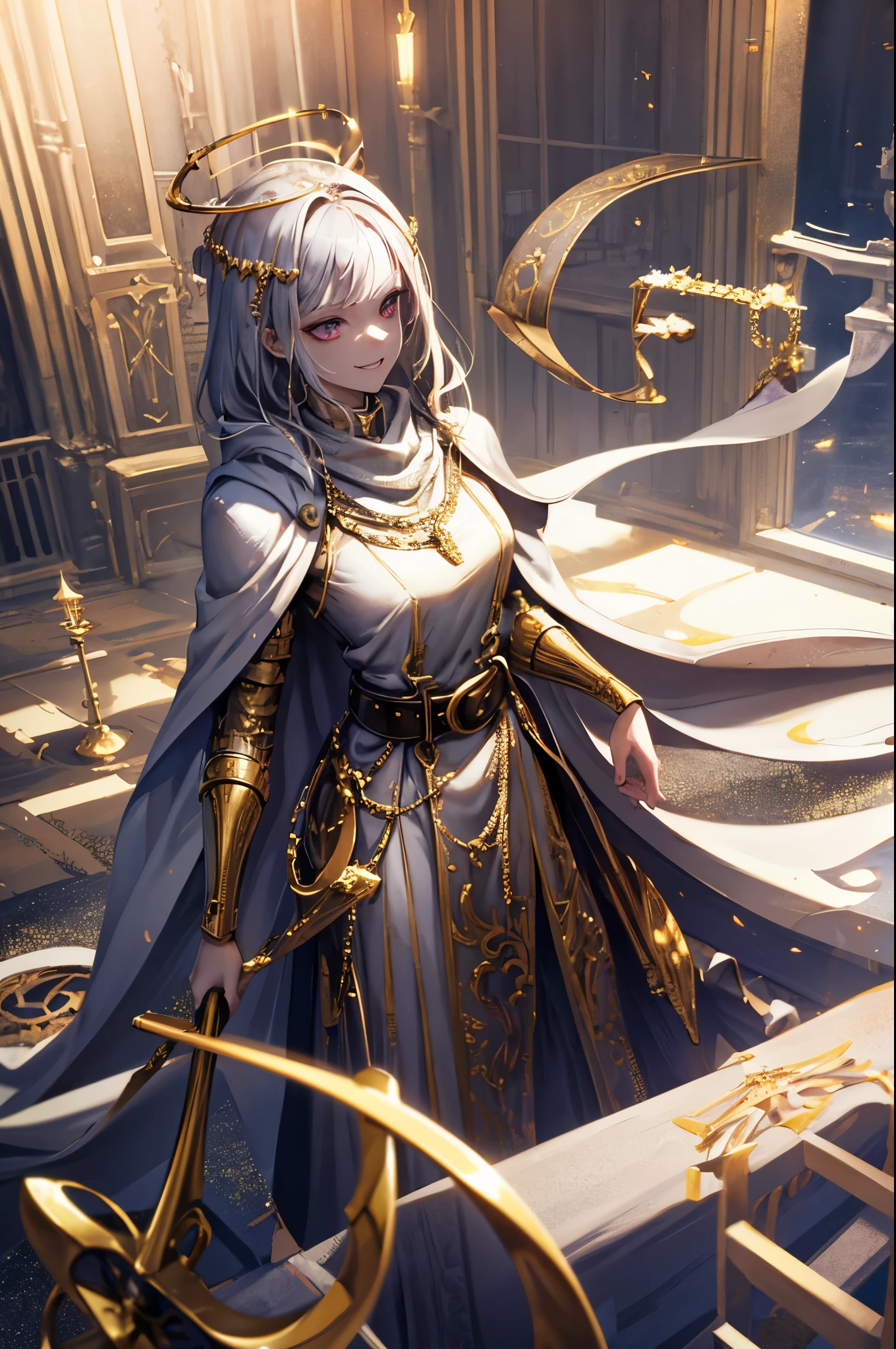Idol style，bloody clothes，， Advanced art style，works of masters，16K，，Scary smile，silver hair，noble，Mink scarf，crutch，full-body shot，golden light，Advanced Cape，necklace，belt，shy，halo，Sexy figure，Lower chest，holy light，Film light and shadow
