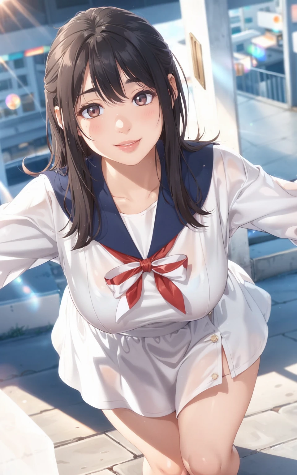 1 girl, ****, alone, sailor suit, brass band, black eye, realistic, High resolution, blush, highly detailed face, (medium hair), (Medium chest), floating hair, smile, Open_mouth, full body, (dynamic pose:1.2), View from above, (daytime), ((looking at the viewer:1)), (look at the camera), (portrait:0.6), nice, Are standing, Maintain original facial proportions, brown hair, lips, lipstick, seductive smile, teeth, eyelash, photorealistic, Lens flare, soft lighting, cowboy shot, highest quality, masterpiece, 8K, baseball Ground