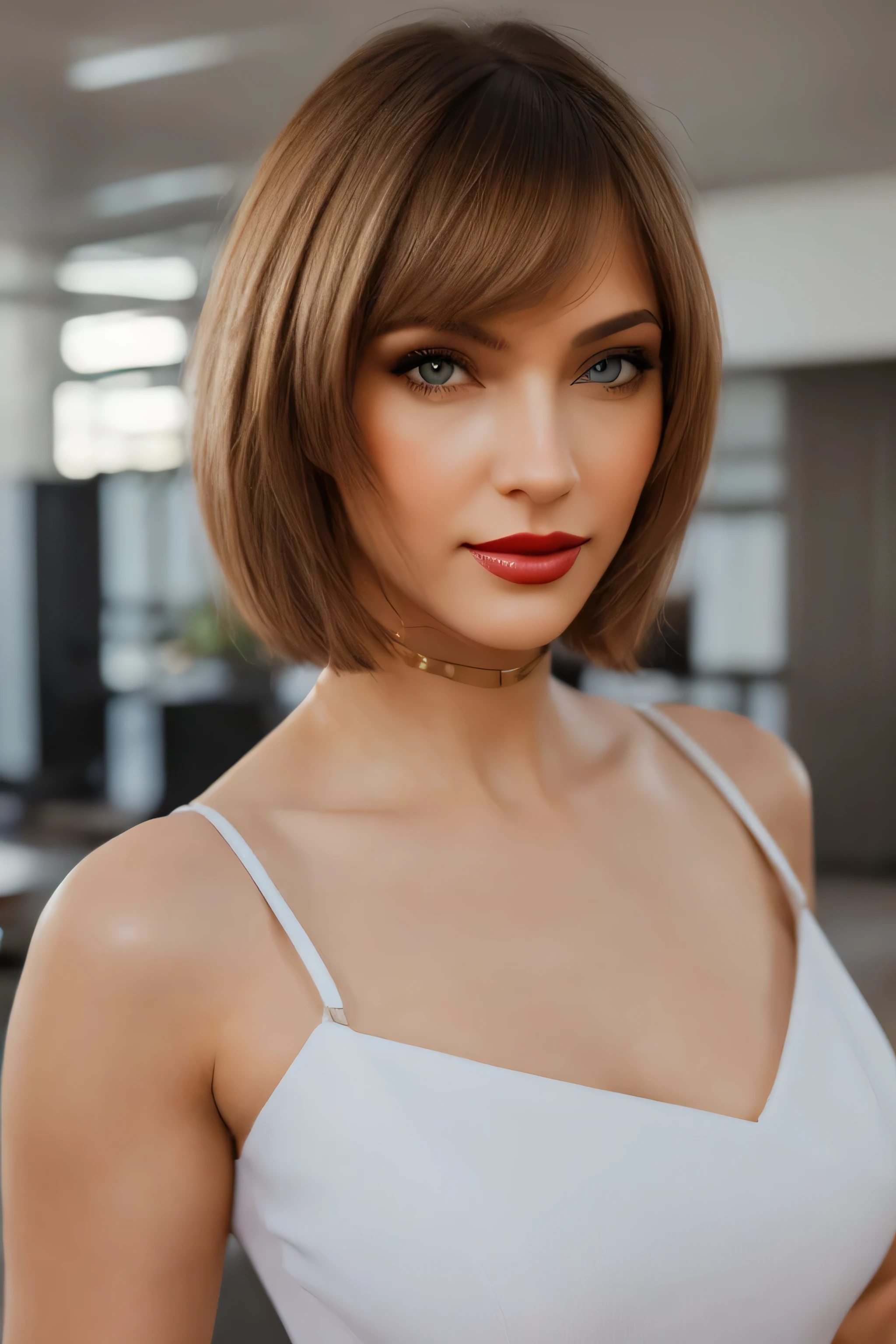 Best quality, PhotoRealistic, ultra detailed, finely detailed, high resolution, 8K wallpaper, Raw color photo, professional, High level of detail, (Model advertising a computer..). Beautiful 35 year old woman, (pale skin), (Masterpiece), (full body), (blue eyes), Realistic, happy face, (red lipstick), expressive smile, ((short shoulder length hair), (blonde hair)), ((small breast, no cleavage)). white dress for woman, (Best quality,4k,8K,high resolution,Masterpiece:1.2),ultra detailed,(Realistic,photoRealistic,photoRealistic:1. 37),portrait, Tailored suit for ladies,professional setting,confident expression,stylish haircut,Office environment,modern office building,stunning architecture,elegant pose,executive woman,high heels,spacious and bright office,sharp focus,women working together,polished look,neutral color palette,soft natural lighting,clean and minimalist design,important business meeting, Intricate patterns on suit, well groomed hairstyle,Desk with computer and paperwork,air of authority,successful and accomplished women,award winning photo, (Face to face), (Look at viewers), small light, low contrast, facial symmetry, depth of fields, cinematic background, central image, softly lit, (finely detailed skin), Realistic skin texture, extreme skin details, (pores: 0. 1), small bust with good shape