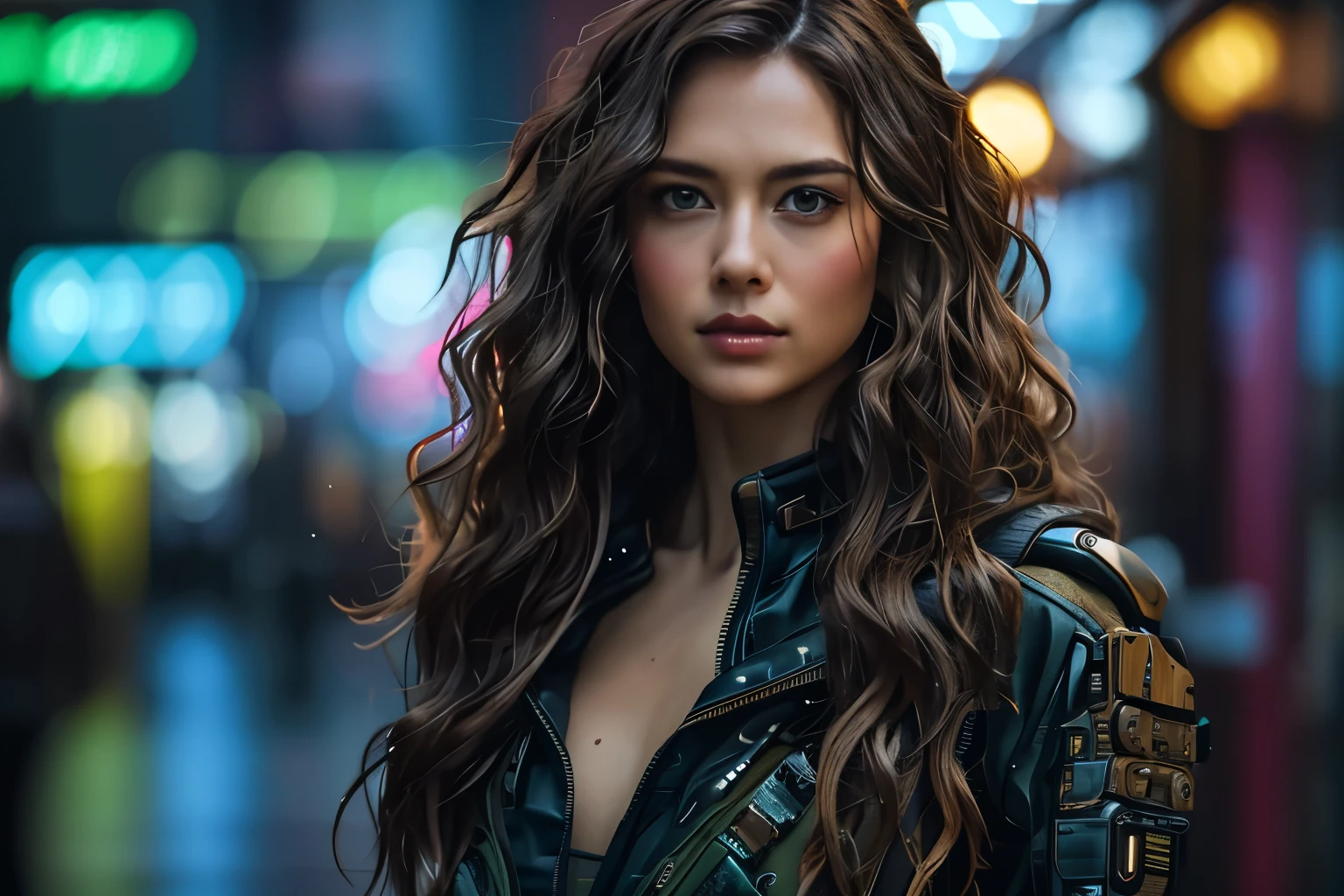 Full body photo of a 25-year-old European arafed girl, RAW, beautiful woman, detailed green eyes, semi-open strawberry lips, dimples, wistful look, (extra long wavy brown hair), ((detailed face)), ((detailed facial features)), (finely detailed skin), pale skin, (deep neckline detailed high-tech cyberpunk dress),toughboy style, cyberpunk megacity environment, (cool colors), damp, reflections, (masterpiece) (perfect proportion)(realistic photo)(best quality) (detailed) shot on a Canon EOS R5, 50mm lens, F/2.8, HDR, (8k) (wallpaper) (cinematic lighting) (dramatic lighting) (sharp focus) (intricate), RAW photo, gigachad photo, posing for camera, black jeans, 8k uhd, dslr, high quality, grain film, Fujifilm XT3, film stock photography 4 kodak portra 400 camera f1.6 lens rich colors hyper realistic texture dramatic lighting unrealengine trend in artstation cinestill 800 tungsten.