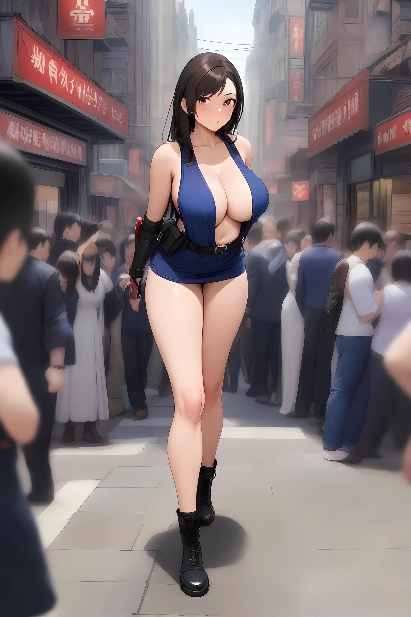 masterpiece, best quality, very aesthetic, absurdres, braless, no bra, full body shot, miniskirt police uniforms, on the crowed street, 1girl, tifa lockhart, final fantasy