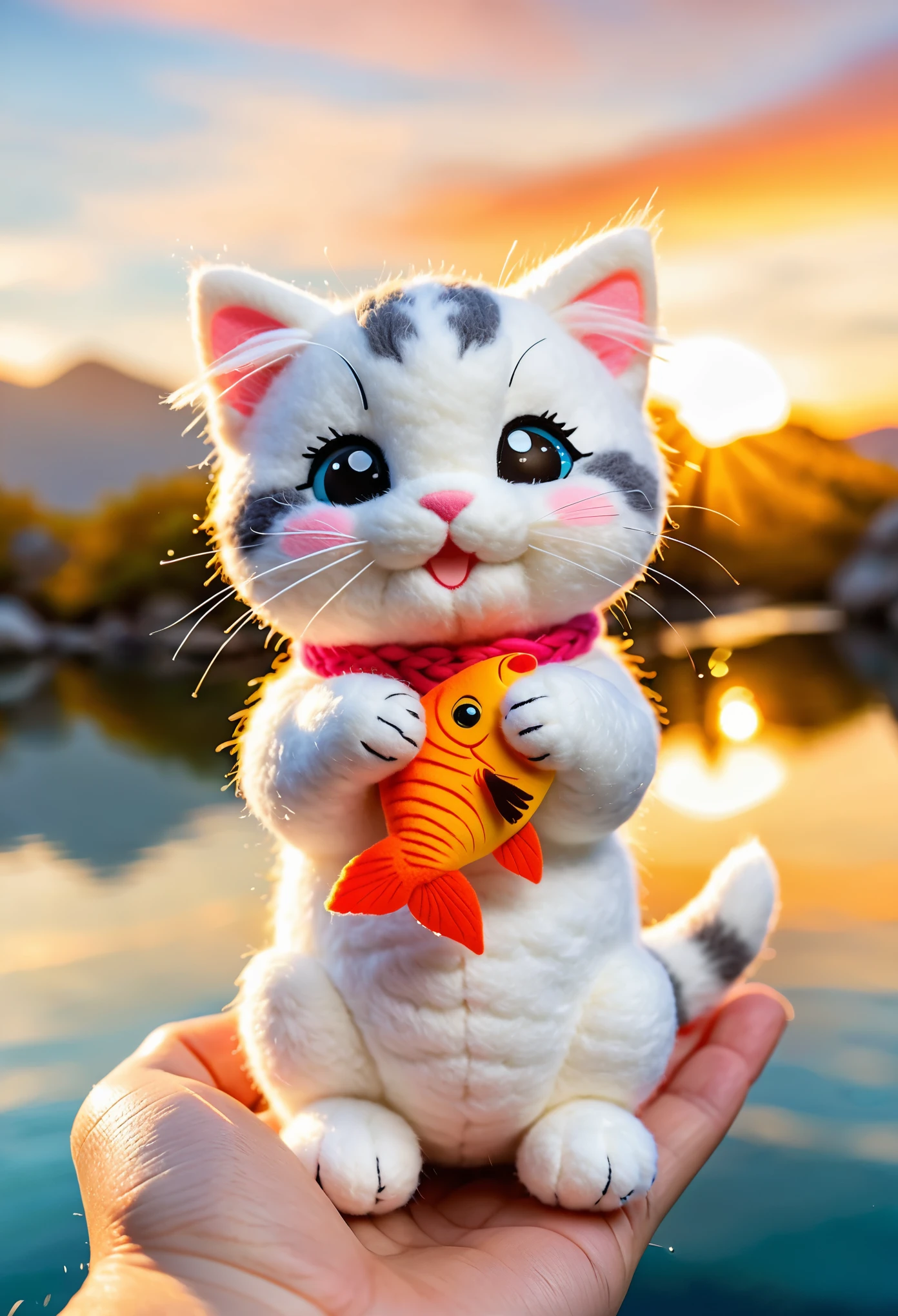 a small, simple, cuddly felt fat kitten holding a fish in its tiny hands, gazing directly into the camera with a joyful smile. The scene is so sweet that it melts even the toughest hearts. Describe the loving atmosphere created by the combination of felt, smiles, and hearts diring a beautiful sunrise 