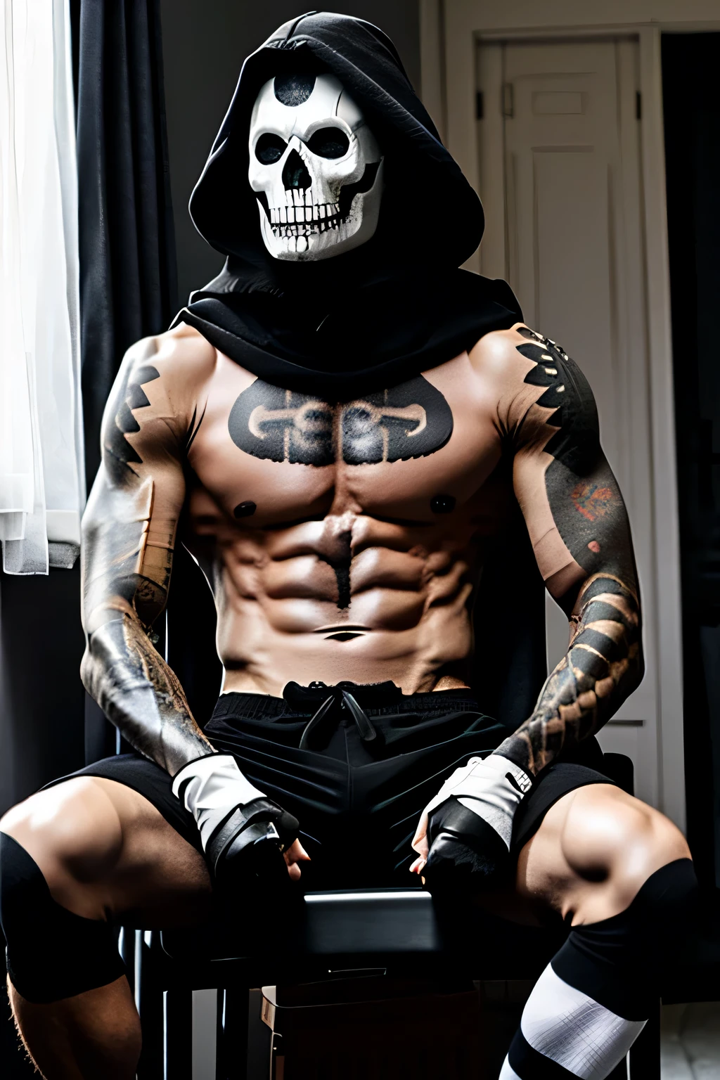 Shirtless, body hair, Hood, GH0st, sitting, long white socks, black shorts, body tattoo, showing socks, no clothes, no sneakers.