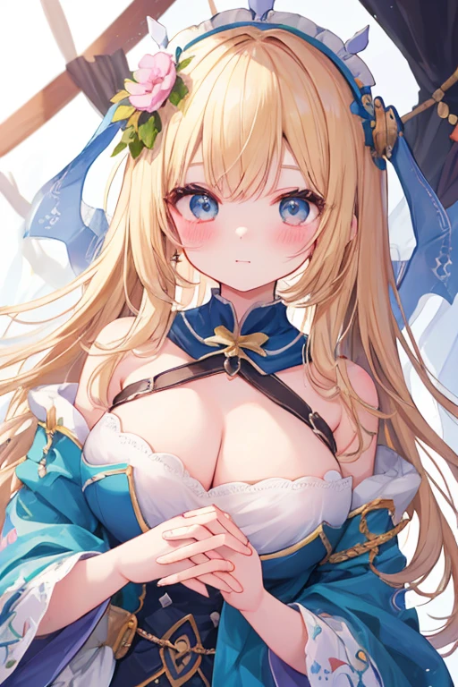 beautiful illustrations, highest quality, pretty girl,beautiful girl、clear face、 half girl、pastel colour 、blush、perfect hands、five fingers、fantasy、fantasy、blonde、A fleeting look、up、upper body only、big breasts