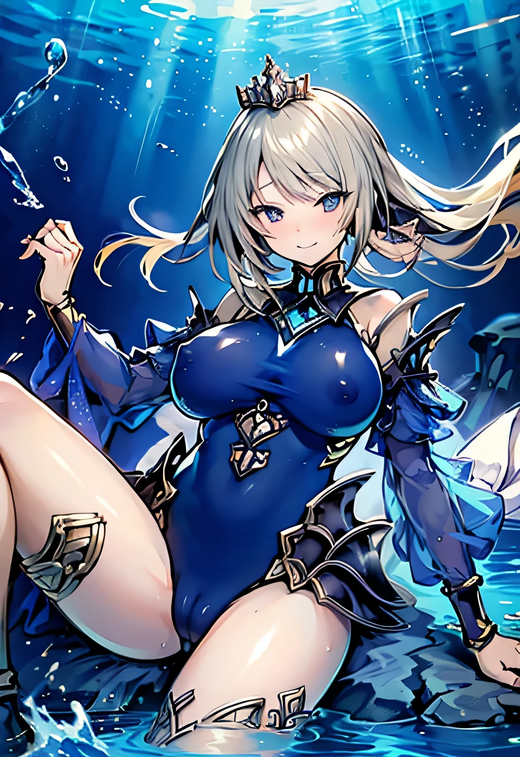 Erotic Anime Illustration、Highest image quality、A voluptuous bitch princess knight shows off her vagina and flirts with men at the underwater temple、Artoria、perfect proportions、Overwhelmingly big breasts beyond the norm、thick legs with fat、big areola、Beautiful shining eyes、cowboy shot、smile、shaved pussy、exposing nipples、spread legs、sweating、Vagina depicted in detail