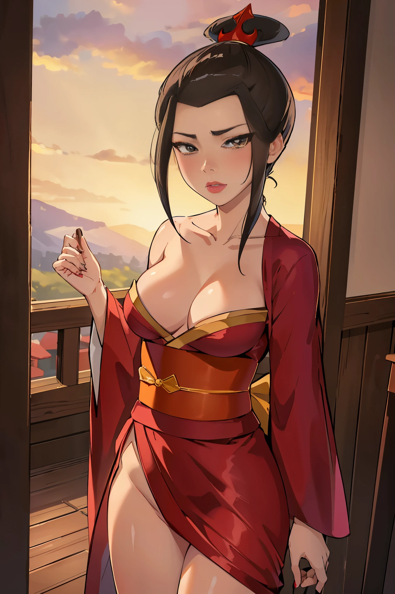 Beautiful, Masterpiece, Best Quality, extremely detailed face, perfect  lighting, Cowboy shot, 1girl, Azula, the perfect body, medium breast, kimono, pomade, blushful, moan, makeup, looking a viewer, wide thighs, Erotica, perfect eyes 