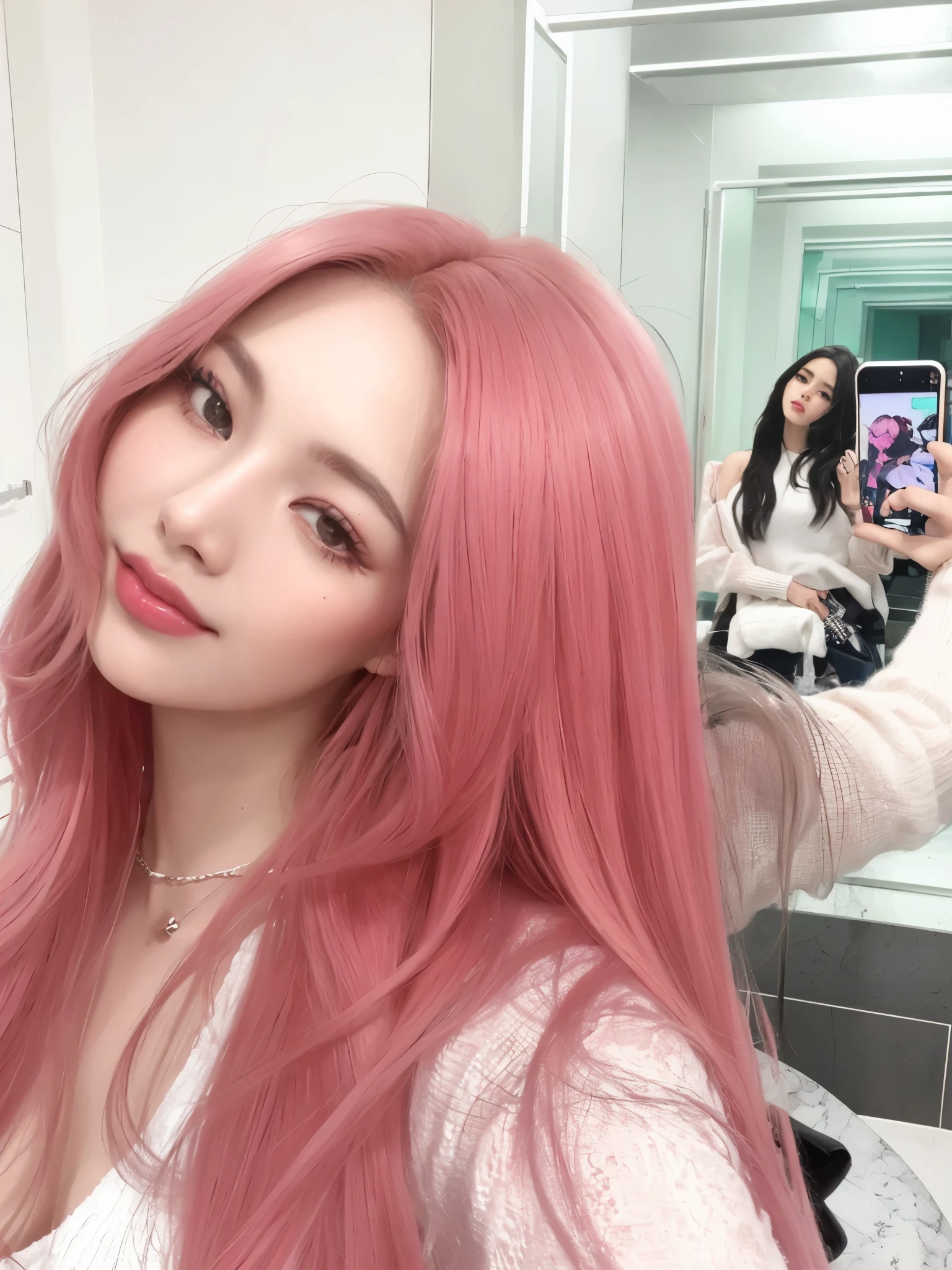 there is a woman with cabello rosado taking a selfie in a bathroom, pelo liso rosa, with cabello rosado, parque roseanne de blackpink, tinte de pelo, long cabello rosado, jossi de blackpink, cabello rosado, long flowing cabello rosado, flowing cabello rosado, portrait of jossi de blackpink, (colores rosados), pelo de color, pelo largo color chicle, light cabello rosado