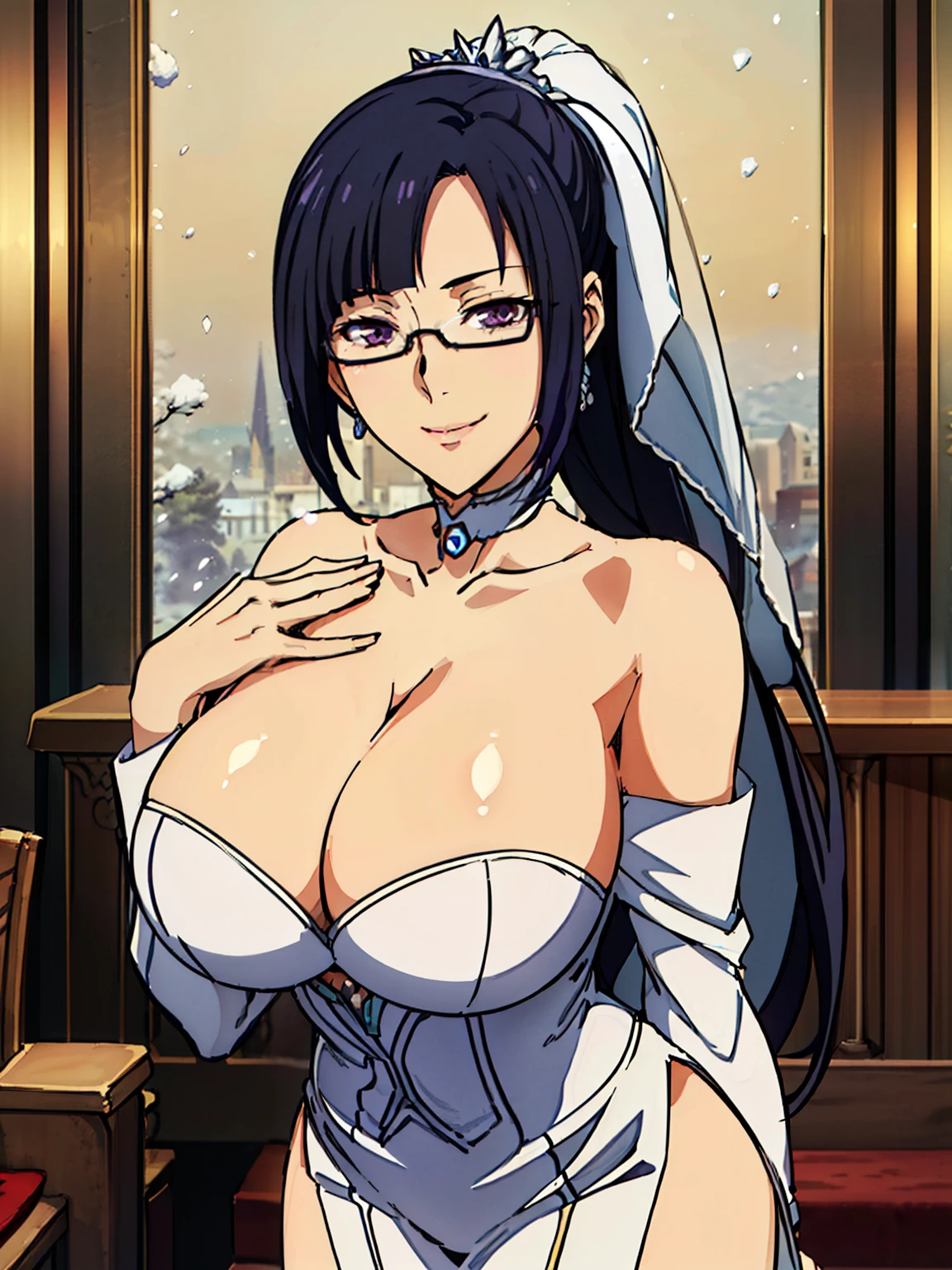 standing, Both hands hold a bouquet of red flowers, (Off-the-shoulder white wedding dress, Snow White Veil, choker, silver tiara, necklace, earrings, church background, (cathedral background), (sunny weather), Litchi Faye-Ling, mature woman, anime cels style, best quality, high resolution, 1girl, (huge breasts:1.2), beautiful face, Beautiful Finger, Beautiful long legs, Beautiful body, Beautiful Nose,Beautiful character design, semi-rimless eyewear, black hair, very long hair, ponytail,Bangs,purple eyes, (cowboy shot), smiling, looking at viewer