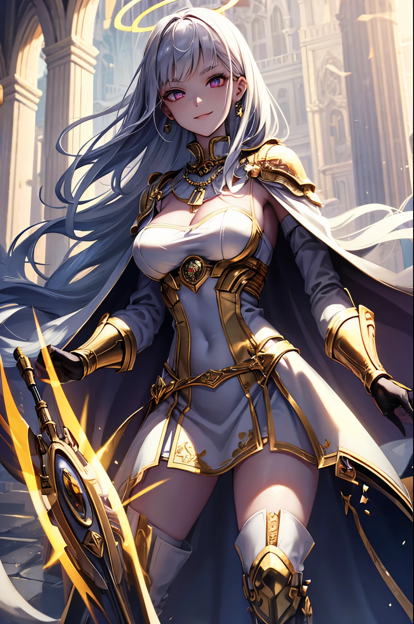 Idol style，Succubus，， Advanced art style，works of masters，16K，，Scary smile，silver hair，noble，Mink scarf，crutch，full-body shot，golden light，Advanced Cape，necklace，belt，shy，halo，Sexy figure，Lower chest，holy light，Film light and shadow，Domineering，King，arrogant，Reduce clothing fabric