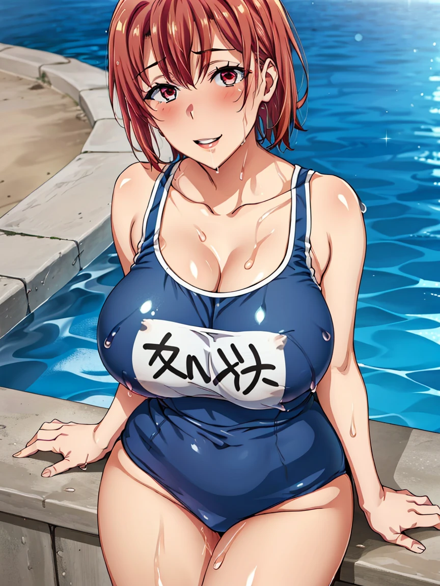 ((table top, highest quality, High resolution, nffsw, perfect pixel, Depth of the bounds written, 4k, )), 1 girl, alone, , beautiful anime girl, beautiful art style,
close, looking at the viewer,
perfect body,
yuigahama yui, short hair, (big breasts),
blush all over the face, smile,
(navy blue school swimsuit:1.3),
thighs thighs thighs, cleavage,
Sweat, wet hair, wet body,
pool, summer, shiny skin,
Get ahead, upper eye, From above