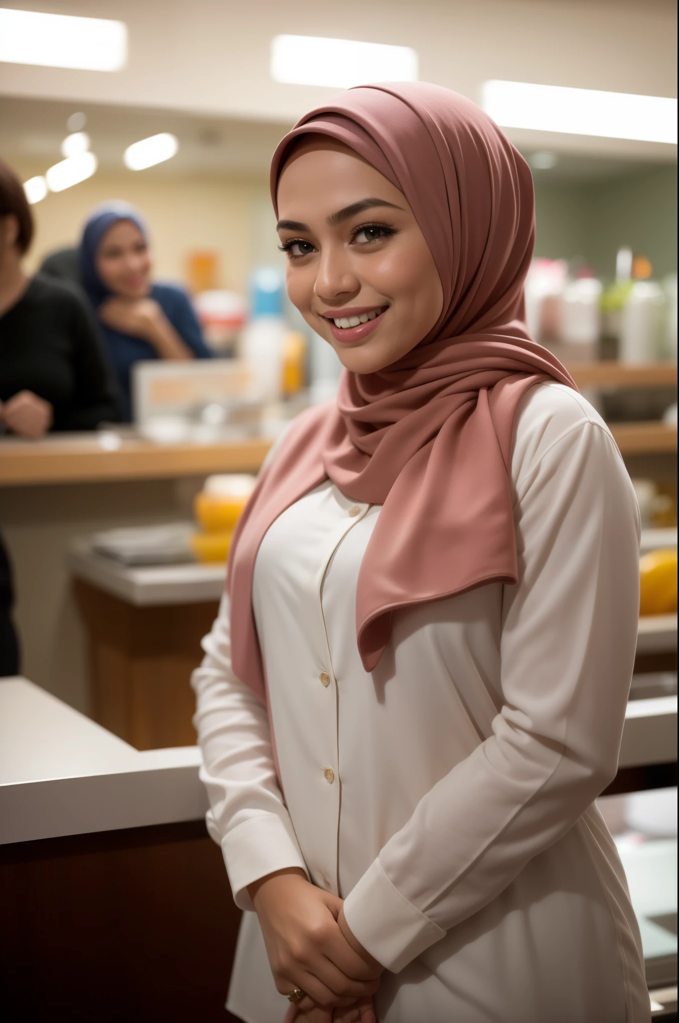 Malay girl in hijab, wear small floral pastel white color shirt and High Waist Plicated white Suit Pants , laughing and posing with both hand on top of her head, touching her own white head, wear backpack, front view, hijab blown, windy, detail skin, age spot, detail skin texture, mole below eyes, small breast, flat chest, wide hips, small waists, thick thighs, slim abs, beautiful body, nighttime, laughing, happy, bright lighting, college student in background, crowded cafe, blur background, bokeh,