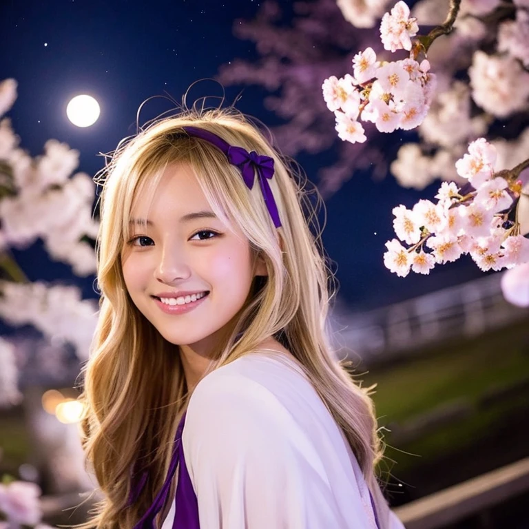 beautiful girl blonde medium length night sky cherry blossoms fantasy Crescent Moon yukata shy smile