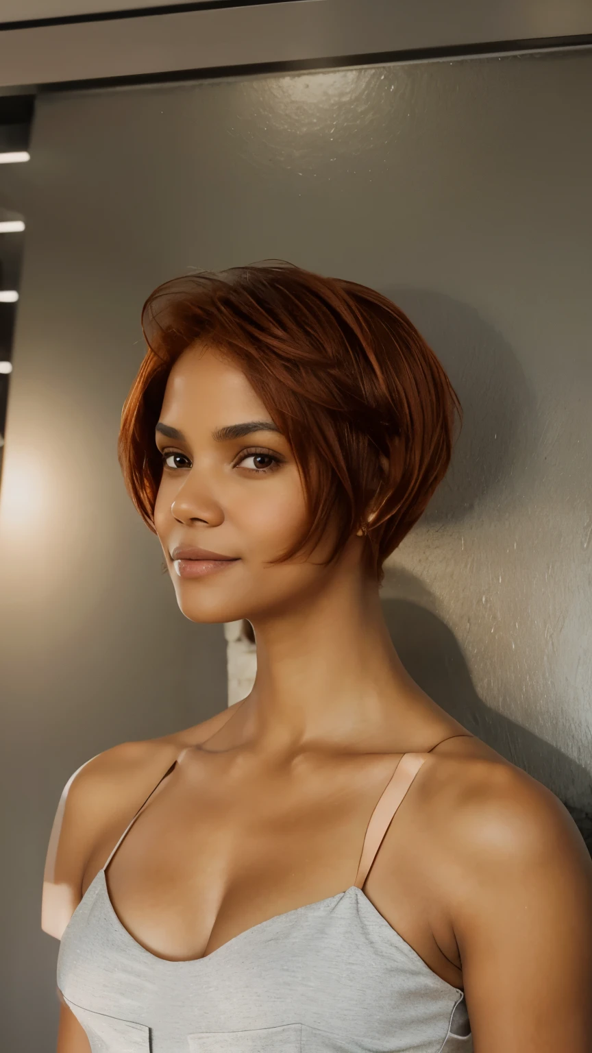19 years old smiling halle berry, little orange and red wig with dyed black root hair, short copper hair, copper short hair, short redhead, short red hair, brown short hair, with short hair, with short straight brown hair, red short hair, short straight hair, wig, bob cut, side of head, asymmetrical haircut, smooth shaded, short brown hair, light grey background, soft lighting, detailed eyes, detailed skin, detailed hair, 8k