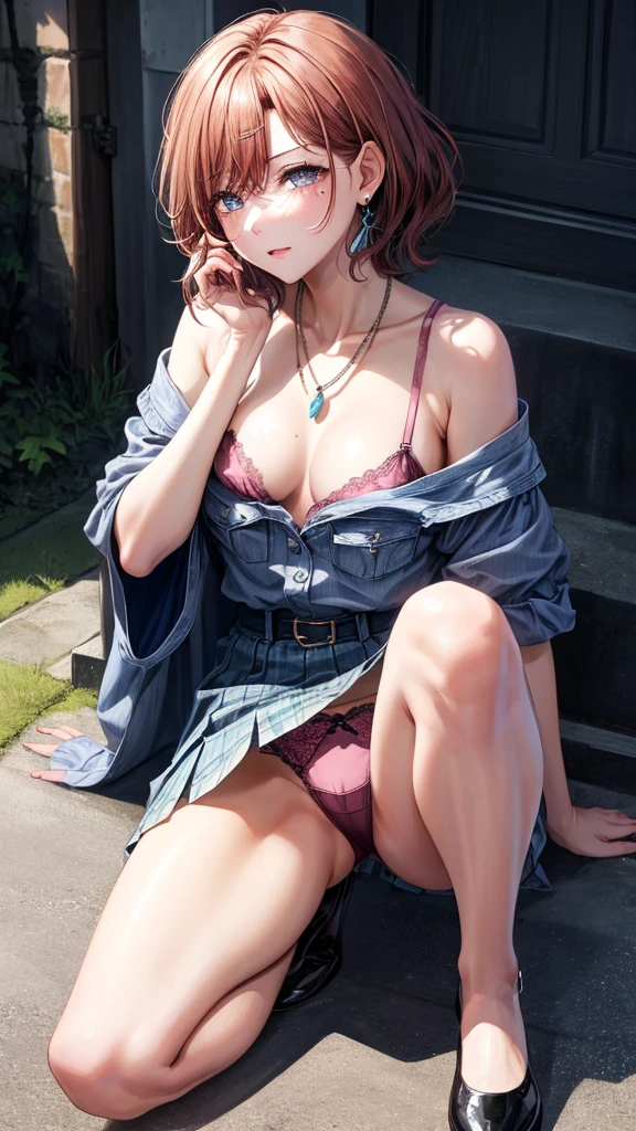 photorealism、highest quality、超A high resolution、高いlights of cheek luster、beautiful bangs、Radiant, fair, glowing skin、艶のあるbeautiful髪、高い-definition eyes、beautiful, Bright and clear,Looks like a whole body、small shiny necklace and earrings, glossy lips: 1.4, Kamimei、(shirt)、((dark blue pleated skirt))、((pink lace panties))、((open your knees))、((open your legs))、((disheveled clothes))、((dressing))、Keep your hands on the ground、exposed panties、plump nipples、neat girl, medium chest size, (sit on the stairs)、ultradetail blue eye、beautiful胸の谷間、face of ecstasy
