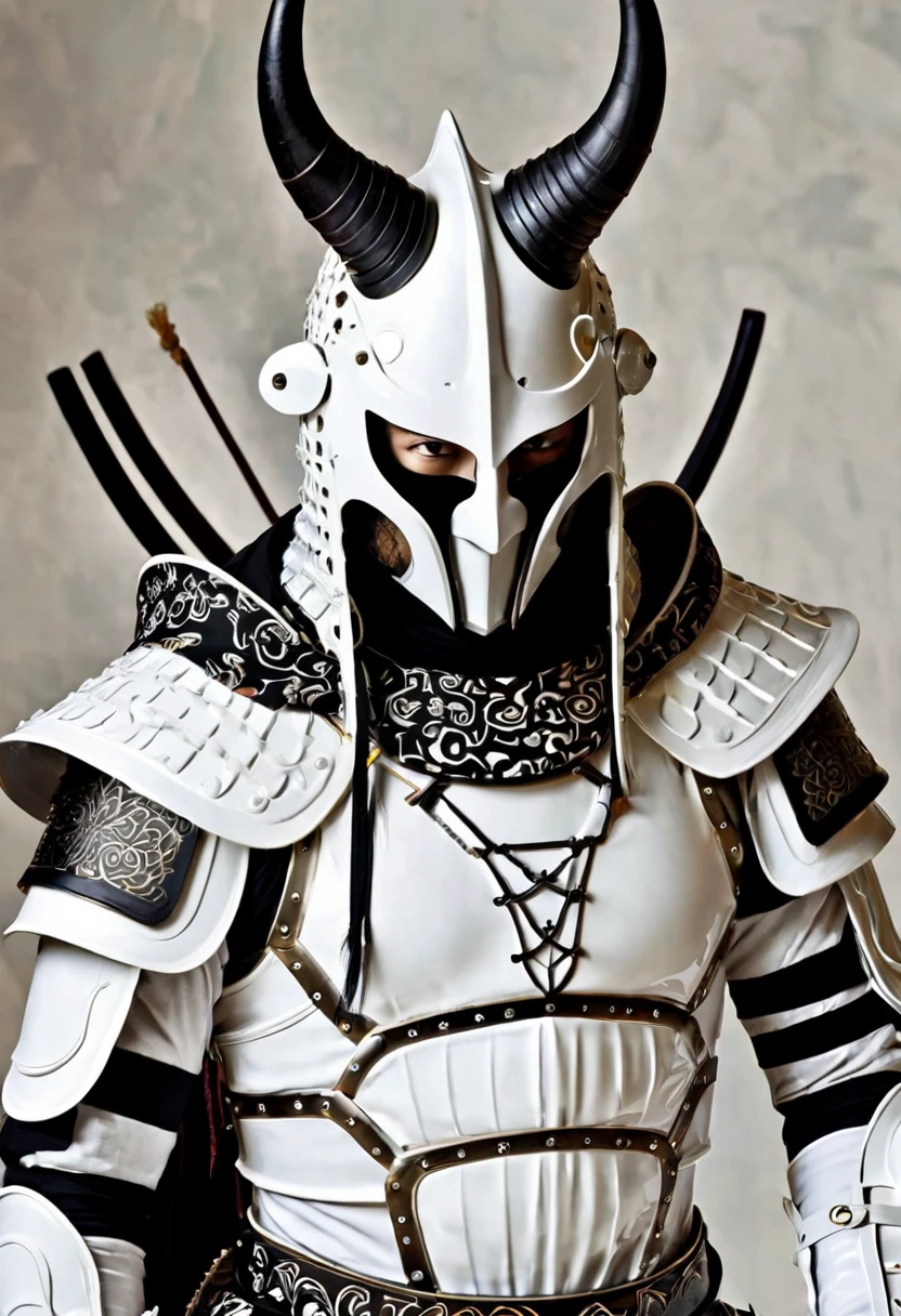 "Futuristic samurai knight in pristine white armor, black horns , Surrealism, decorated with clothes made of oriental fabric., smooth hood, and complex gears."