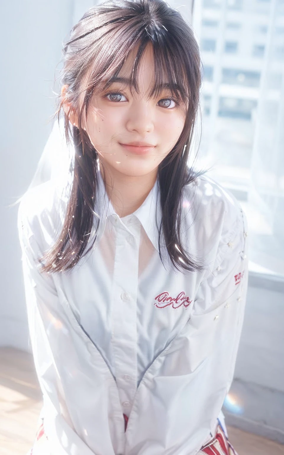 1 girl, , alone, sailor suit, brass band, black eye, realistic, High resolution, blush, highly detailed face, (medium hair), (Medium chest), floating hair, smile, Open_mouth, full body, (dynamic pose:1.2), View from above, (daytime), ((looking at the viewer:1)), (look at the camera), (portrait:0.6), nice, Are standing, Maintain original facial proportions, brown hair, lips, lipstick, seductive smile, teeth, eyelash, photorealistic, Lens flare, soft lighting, cowboy shot, highest quality, masterpiece, 8K, baseball Ground