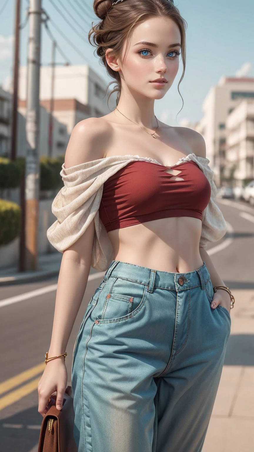 (最high quality, 8K, masterpiece: 1.3, Ultra HD, high quality, 最high quality, High resolution, realism)) 、25 year old white woman、brunette、blue eyes、long hair、smile、slender、slenderだがアスリートのような細マッチョ、I don&#39;t want my head to disappear from the screen.、Wear accessories on your wrist、Wearing red nail polish、I have a peticure、Sheer off-the-shoulder top((shoulder cutout tops))wear、Sheer Aladdin pants((aladdin pants))Wear、サンダルWear、Carry a shoulder bag on your shoulder、headband((hairband))、Side-swept chignon((side bun))、Skyscraper background、Waiting for a traffic light at an intersection