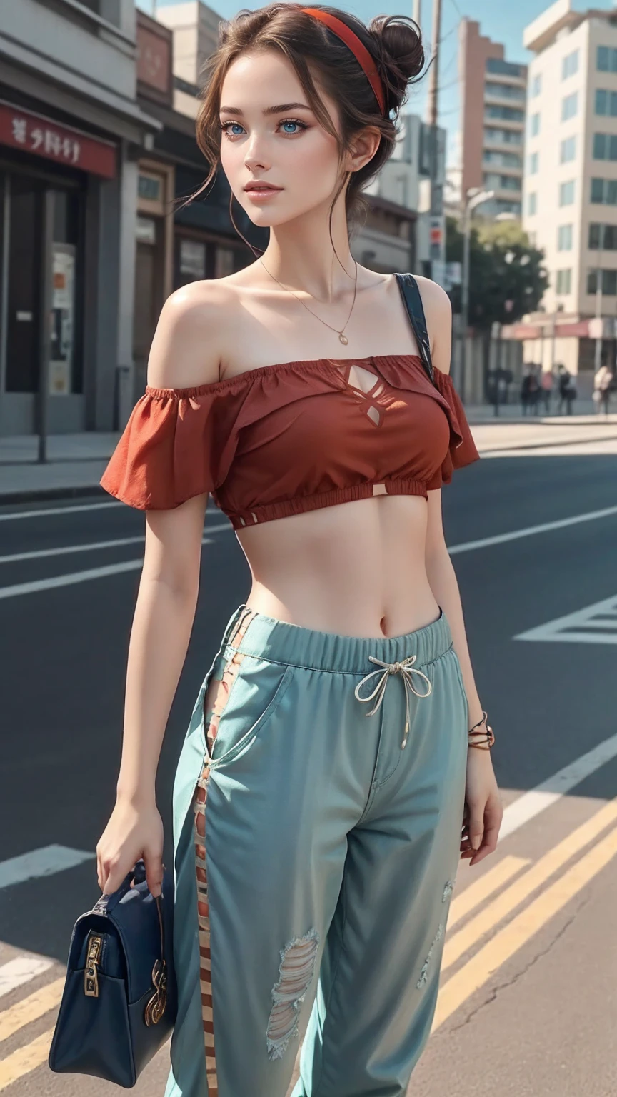 (最high quality, 8K, masterpiece: 1.3, Ultra HD, high quality, 最high quality, High resolution, realism)) 、25 year old white woman、brunette、blue eyes、long hair、smile、slender、slenderだがアスリートのような細マッチョ、I don't want my head to disappear from the screen.、Wear accessories on your wrist、Wearing red nail polish、I have a peticure、Sheer off-the-shoulder top((shoulder cutout tops))wear、Sheer Aladdin pants((aladdin pants))Wear、サンダルWear、Carry a tote bag over your shoulder、princess cut((hime cut))、Skyscraper background、Waiting for a traffic light at an intersection