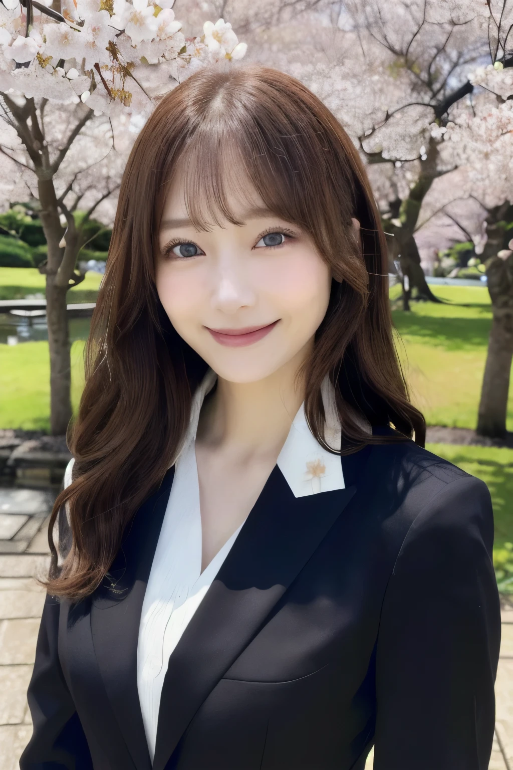 (masterpiece、high resolution、ultra high resolution、Delicate、sunlight、whole body)1 female、(30 years old、hostess&#39;s face、brown hair、long hair、perfect eyes、dense lips、smiling face、Slender perfect figure、japan beauty、OL,Dressed in a black suit、)cherry blossoms、cherry blossoms並木、put your hand forward