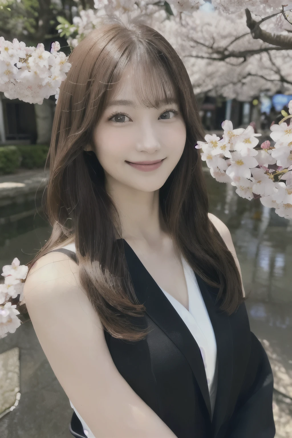 (masterpiece、high resolution、ultra high resolution、Delicate、sunlight、whole body)1 female、(30 years old、hostess&#39;s face、brown hair、long hair、perfect eyes、dense lips、smiling face、Slender perfect figure、japan beauty、OL,Dressed in a black suit、)cherry blossoms、cherry blossoms並木、put your hand forward