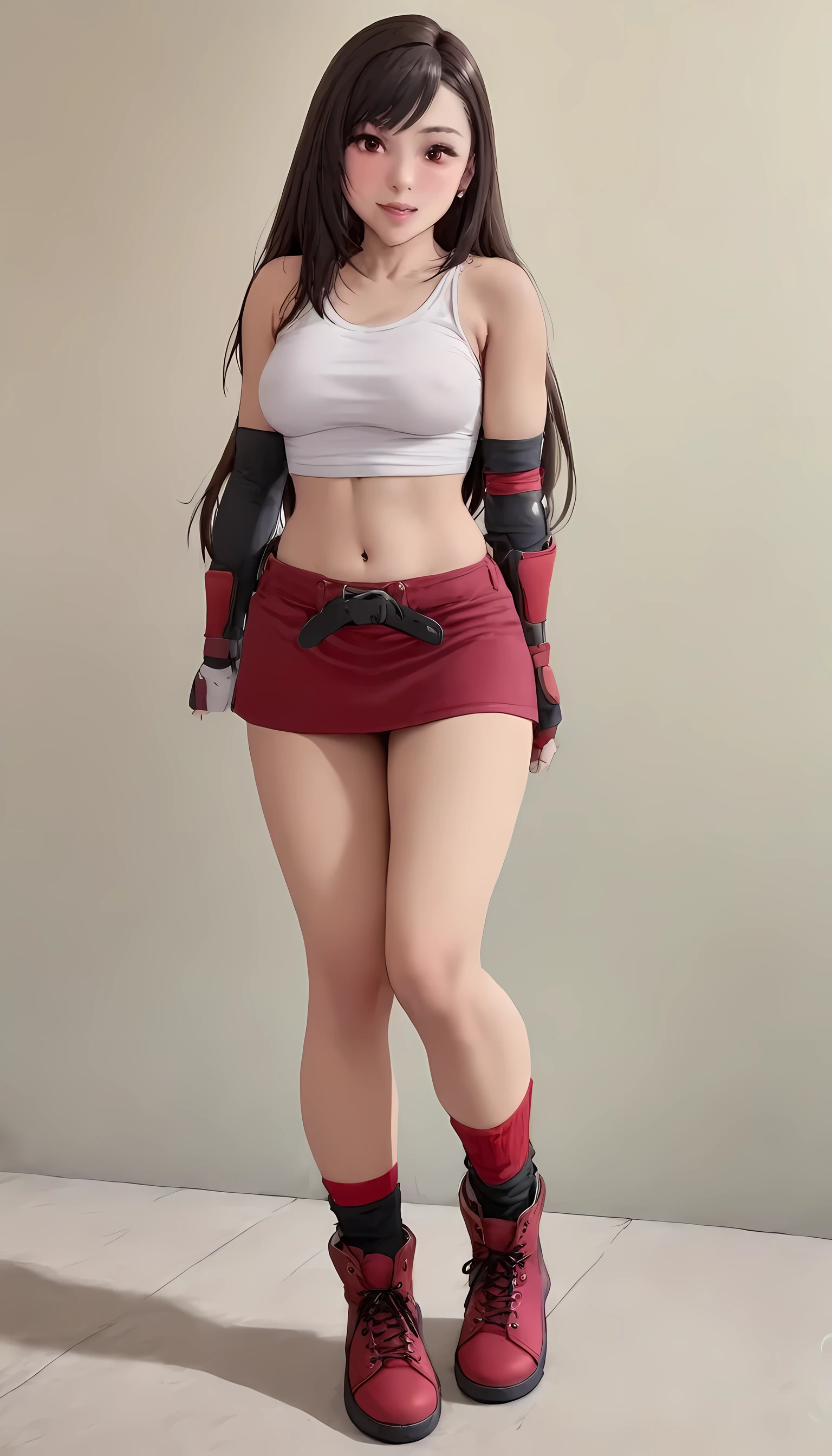 masterpiece, best quality, very aesthetic, absurdres, braless, no bra, full body shot, miniskirt, thick tops, 1girl, tifa lockhart, final fantasy