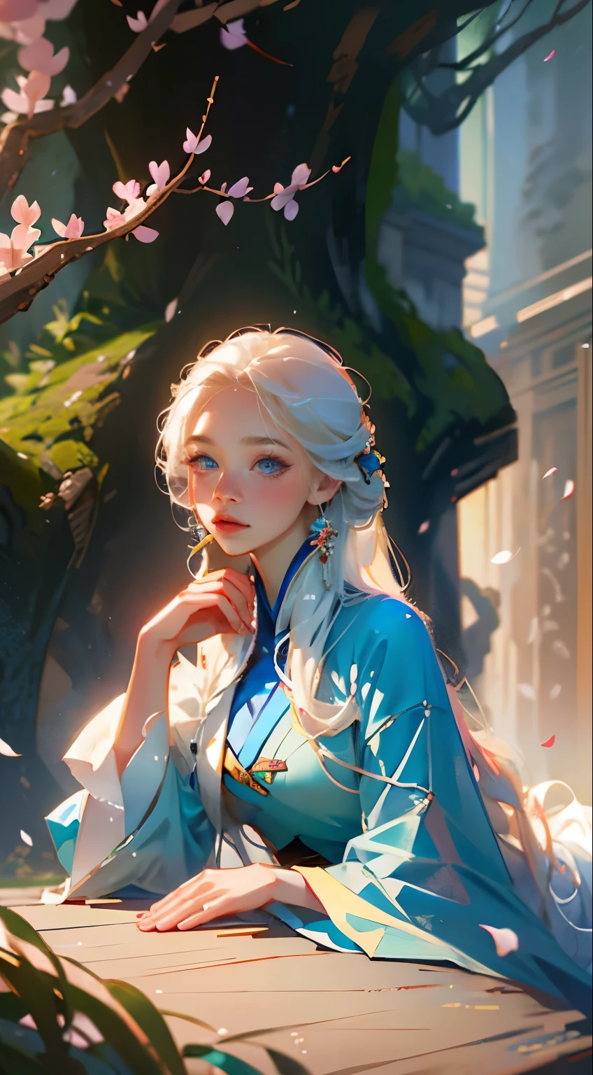 fantasy, portrait, Asia, European appearance, beautiful girl, delicate face, long pale blonde hair, blue eyes, in a beautiful hanfu, emphasizing the figure in light colors, expressive breasts, cherry blossoms in the background, hd