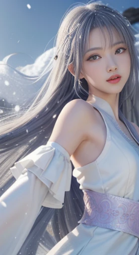 ((logo, masterpiece, 8K, table top, Raw photo, wonderful, 最high quality, Photorealistic and hvery detailed CG integrated 8K wallpaper, high quality, very detailed, Narrative poem, particle effects, dynamic effects, Depth of written boundary, cinematic light, Lens flare, ray tracing, anatomically accurate)), fantasy, 1 beautiful woman, ((lilac hair)), clear eyes, long hair, beautiful face, real face, 緻密でbeautiful eyes, beautiful skin, ((dancing woman, 優雅にdancing woman, snow sceneの中でdancing woman, 激しくdancing woman)), ((long hairがWindでなびく, long hairが跳ねる, long hairがWindで踊る)), hair jump, jewelry, beautiful eyes, white kimono, white obi, White cherry blossom embroidery pattern, silver earrings, Wind, snow mountainの中で, snow scene, snow mountain, snow makeup, 雪とFrost, snow-capped mountainや森, Frost, snow-capped mountain々, The beauty and brilliance of frost-covered trees, The tranquility and beauty of a world of ice and snow, hair color is light purple