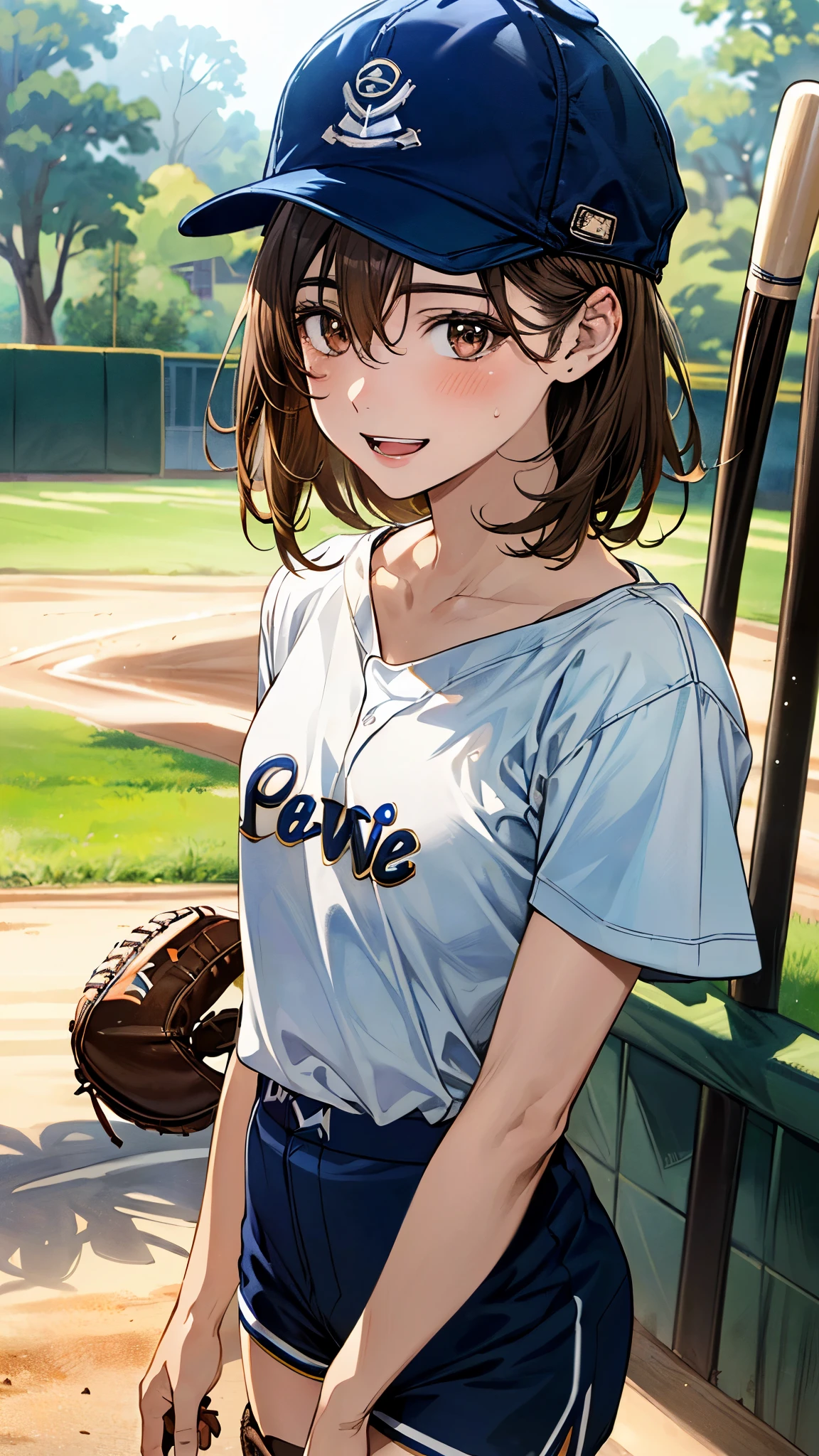 (masterpiece:1.3, top-quality, ultra high res, ultra detailed), (realistic, photorealistic:1.4), beautiful illustration, perfect lighting, natural lighting, colorful, depth of fields, surrealism, nsfw,
beautiful detailed hair, beautiful detailed face, beautiful detailed eyes, beautiful clavicle, beautiful body, beautiful chest, beautiful thigh, beautiful legs, beautiful fingers,
looking at viewer, (face focus, upper body), 1 girl, japanese, 12 years old, perfect face, (perfect anatomy, anatomically correct), cute symmetrical face, shiny skin,
(short hair, brown hair), hair between eyes, brown eyes, long eyelash, (medium breasts),
((light blue plain t-shirt one piece:1.6, navy shorts, brown middle boots, plain baseball cap:1.4)),
(beautiful scenery), evening, (outdoors), walking, (lovely smile, upper eyes, open mouth small),