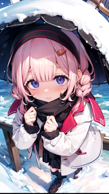 、Peep、A sneak peak、Shyness、blush、embarrassing、blush、peak、、sit with legs stretched out、bench、顔をscarfで隠す、put on a coat、snow原、snow像、snow、cold、scarf、scarfを巻く、降snow高解像度、Full HD、8K quality、、、droopy eyes、、、highlight on eyes、lively eyes、clear eyes、Beautiful eyes、、口元をscarfで覆う、、look down、look away、embarrassed、blush、view from above、perspective from above、、、highlight on eyes、、、highlight on eyes