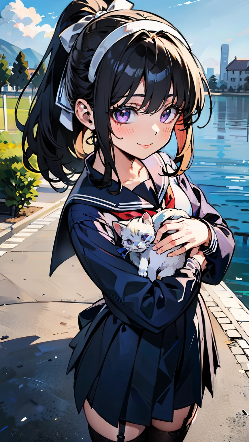 sailor suit, one woman, (a beauty woman, delicate schoolgirl:1.3), 8K, highest quality, masterpiece, Super detailed, ultra high resolution, realistic, RAW photo, absolute resolution, black hair, ponytail tied with a ribbon, small face compared to body, very small face, black hair, navy blue sailor suit, navy blue skirt, High school girl wearing a sailor suit, Anime 2D rendering, realistic若いアニメの女子高生, , ((white headband)), position looking down from above, small breasts, tall, slanted eyes, purple eyes, (school scenery), black stockings, garter belt, smile, Holding a kitten,　Petting a kitten on the head, 