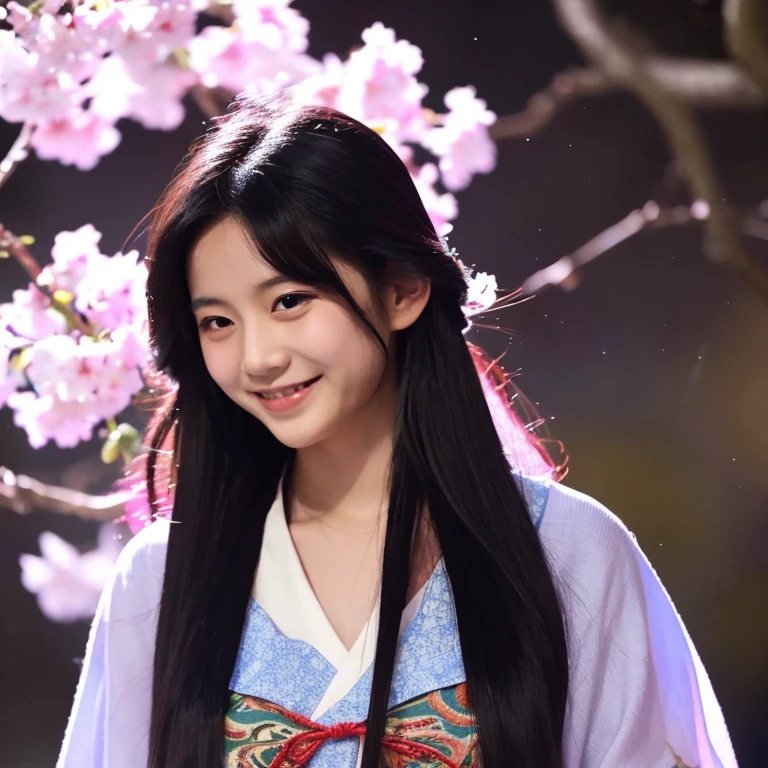 highest quality long black hair cherry blossoms yukata fantasy night sky shy smile