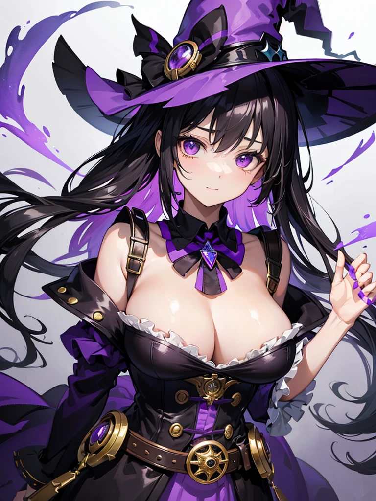 young female character with a magical or fantasy theme. She has short, ruffled black hair with violet hues at the tips and two front locks that frame her face. Her eyes are large and have vibrant orange and yellow irises with light reflections, giving them a gem-like appearance. She wears a large, wide-brimmed purple hat adorned with golden gears and violet ribbons, suggesting a touch of steampunk influence. Her attire is predominantly black with purple accents, including a ribbon choker around her neck. A purple, star-shaped gem is prominently displayed at the center of her chest. She has puffed sleeves and a black bodice with purple buttons. A golden belt with a round buckle cinches her waist, and violet ribbons hang down from it. Her pose is playful as she gently touches her cheek with one finger, smiling subtly as if inviting onlookers into a secret or game. Her overall appearance combines elements of a witch or a sorceress with a modern, stylish twist.