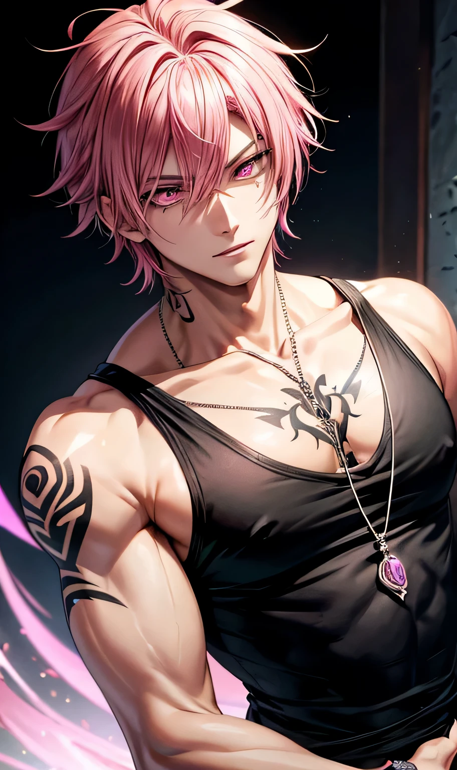 male,Pink medium hair,Visual Kei,handsome man,tattoo,pink eyes,Glowing eyes,beautiful eyes,black tank top,32K,sexy face,accurate hands,cute face
