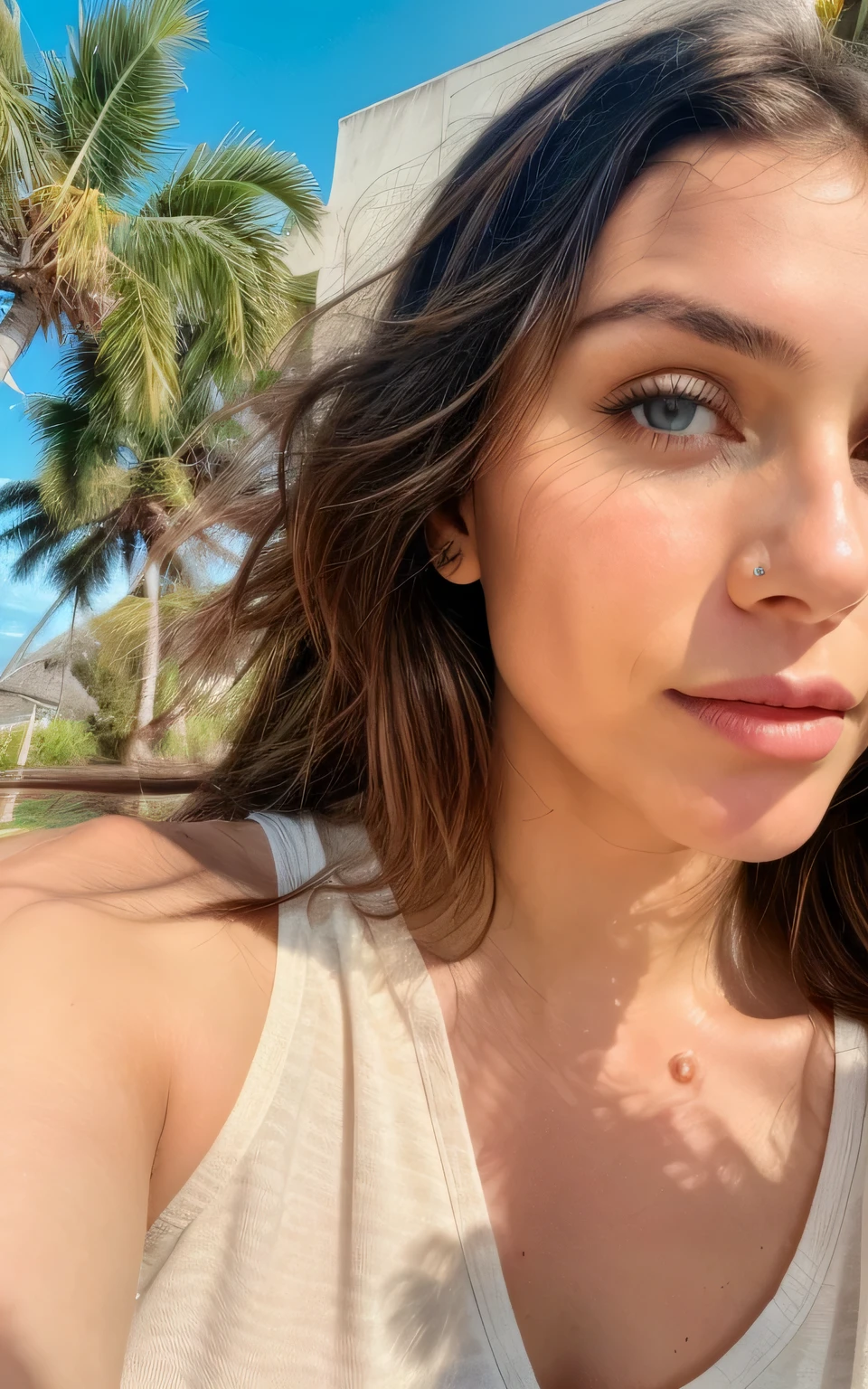 (portrait), close up, looking dircet in the camera, photorealistic, best quality, hyper detailed, beautiful woman, hhayleyy,upper body, solo, (afternoon), real life nature, (cheerful, happy), shirt,(palm trees) wood, clear sky, analog style, skin texture, film grain, ultra high res, best shadow, RAW, instagram LUT, ((extremely detailed eyes and face)), ((beautiful detailed nose)), ((beautiful detailed eyes)), perfect body proportion,