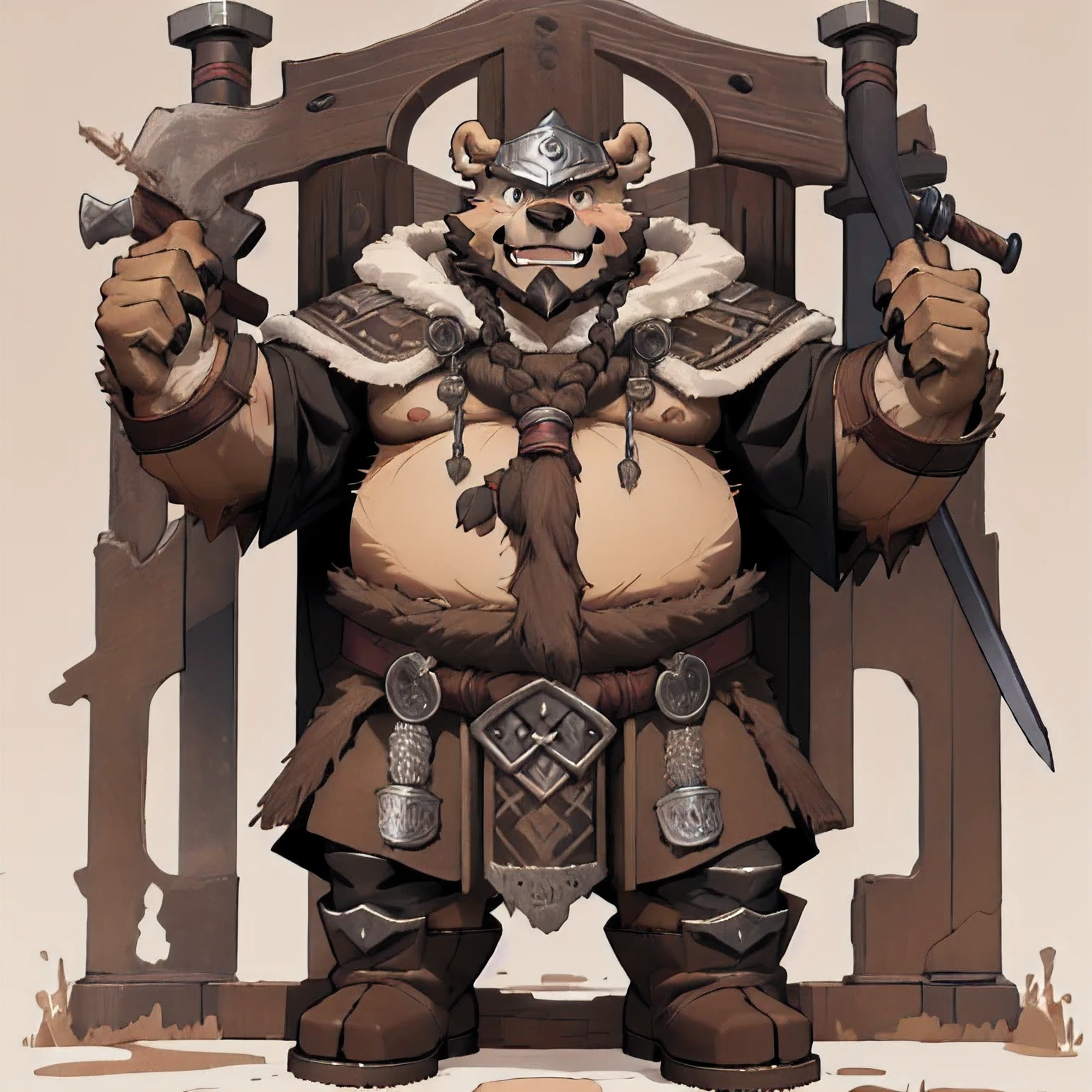 New Jersey 5 Hairy, Bear，Full body portrait of an individual,exquisite，round face， chubby，thick arms，plush fur，Viking，Iron medieval helmet，Viking Cloak，Viking Clothing，Viking Pants，Leggings，leather boots，Viking Sword，Sword in both hands，Evil smile