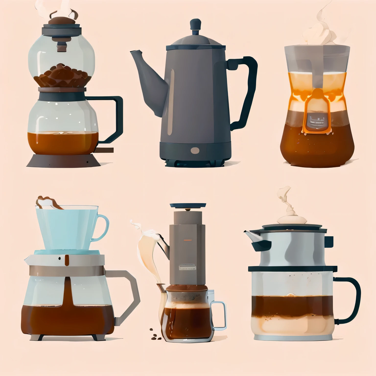 there are four different types of coffee makers and coffee makers, celebration of coffee products, coffee, coffee machine, drink more coffee, cartoon brew, pot, colombian, vector illustration, steaming coffee, flat 2 d design, full of steaming coffee, coffee smell, arabica style, cold brew coffee ), ancient coffee machine, flat illustration, best on adobe stock, coffee shop