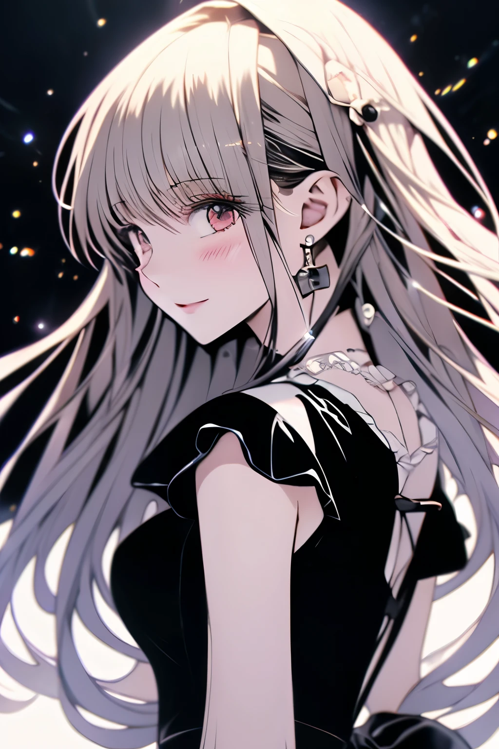 Anime girl with long hair and a black dress standing in front of a white background, ultra hd anime wallpaper, hd anime wallpaper, anime colors, anime wallpaper 4k, anime wallpaper 4k, 4k anime wallpaper, anime style 4k, anime hd wallpaper, anime art wallpaper 4k, anime art wallpaper 4k, anime art wallpaper 8k, Shiny colorful, facing forward, The whole body is reflected
